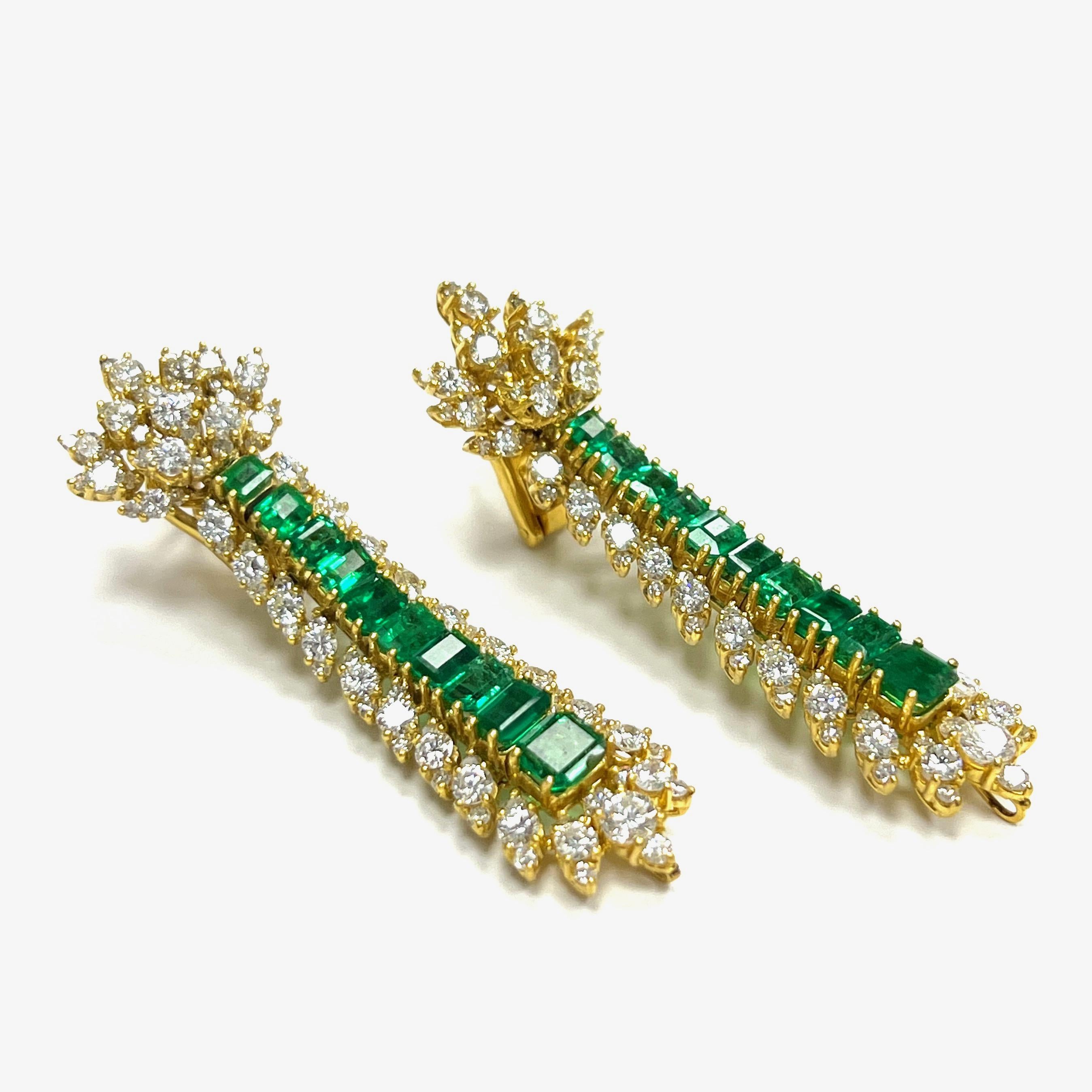 Mixed Cut Emerald Diamond Drop Yellow Gold Earrings For Sale