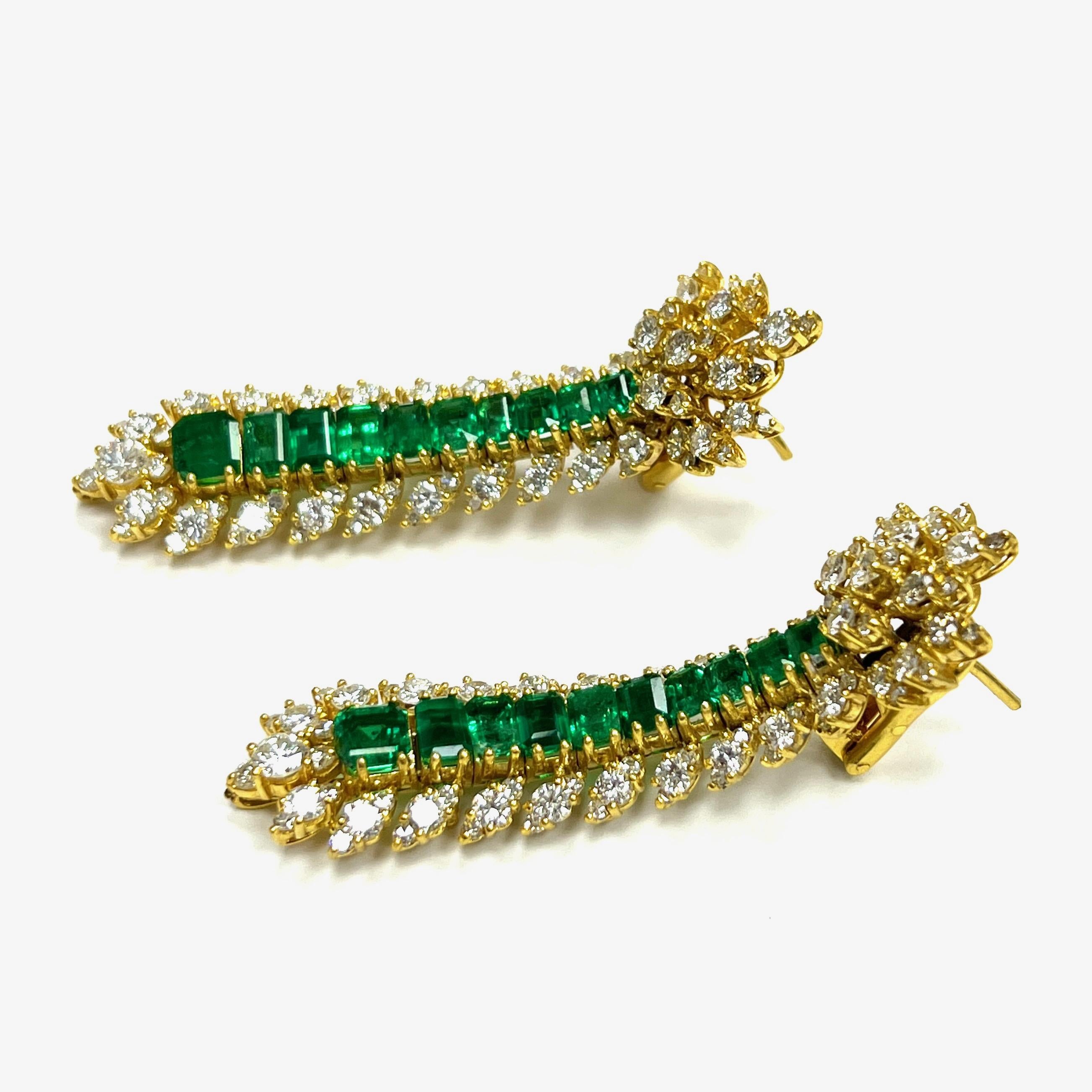 Women's Emerald Diamond Drop Yellow Gold Earrings For Sale