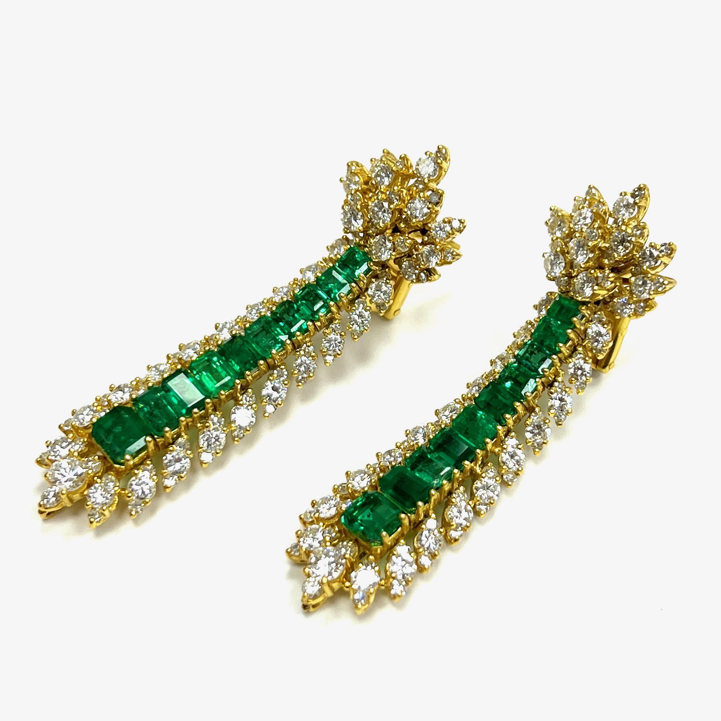 Emerald Diamond Drop Yellow Gold Earrings For Sale 1
