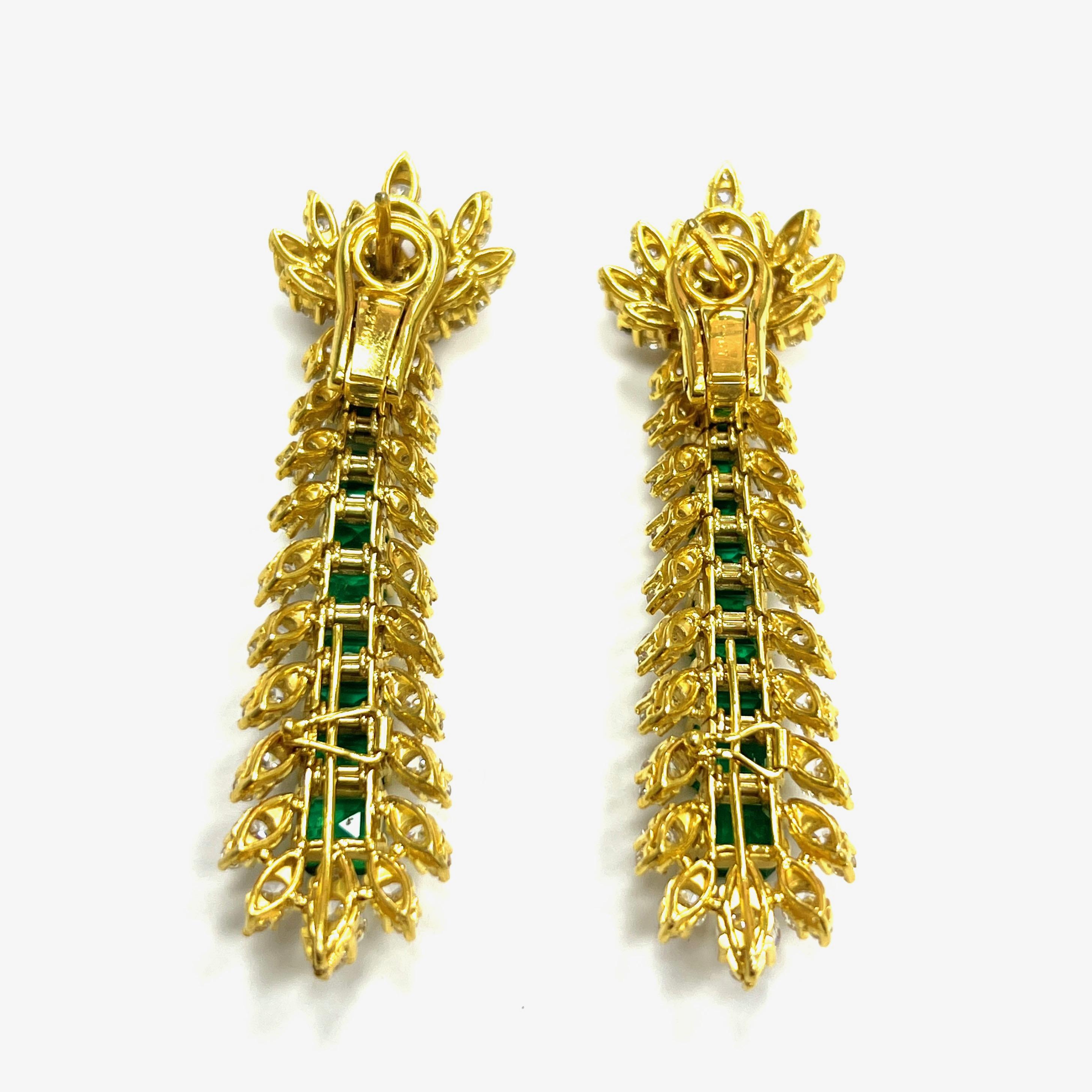 Emerald Diamond Drop Yellow Gold Earrings For Sale 2
