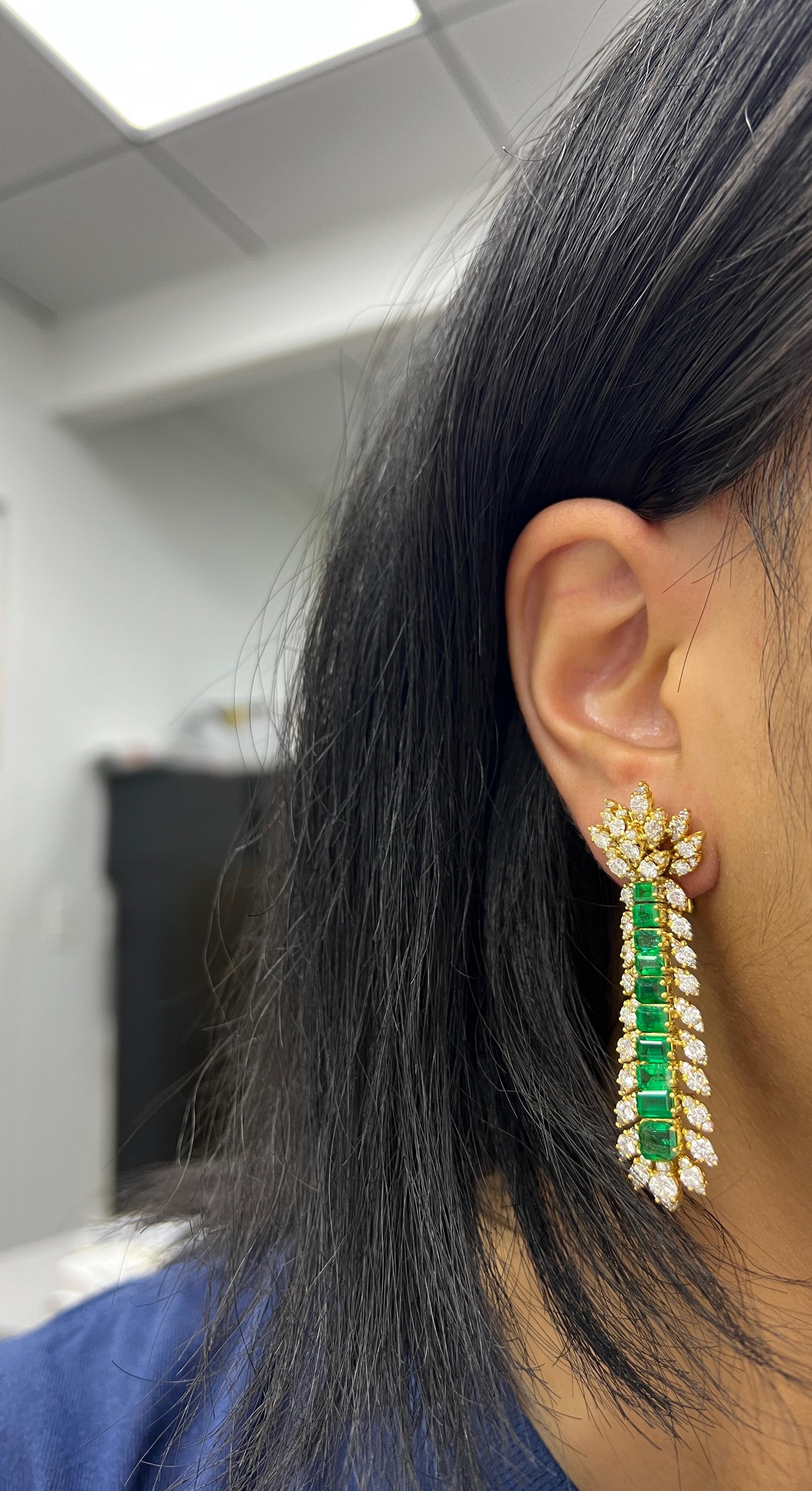 Emerald Diamond Drop Yellow Gold Earrings For Sale 3