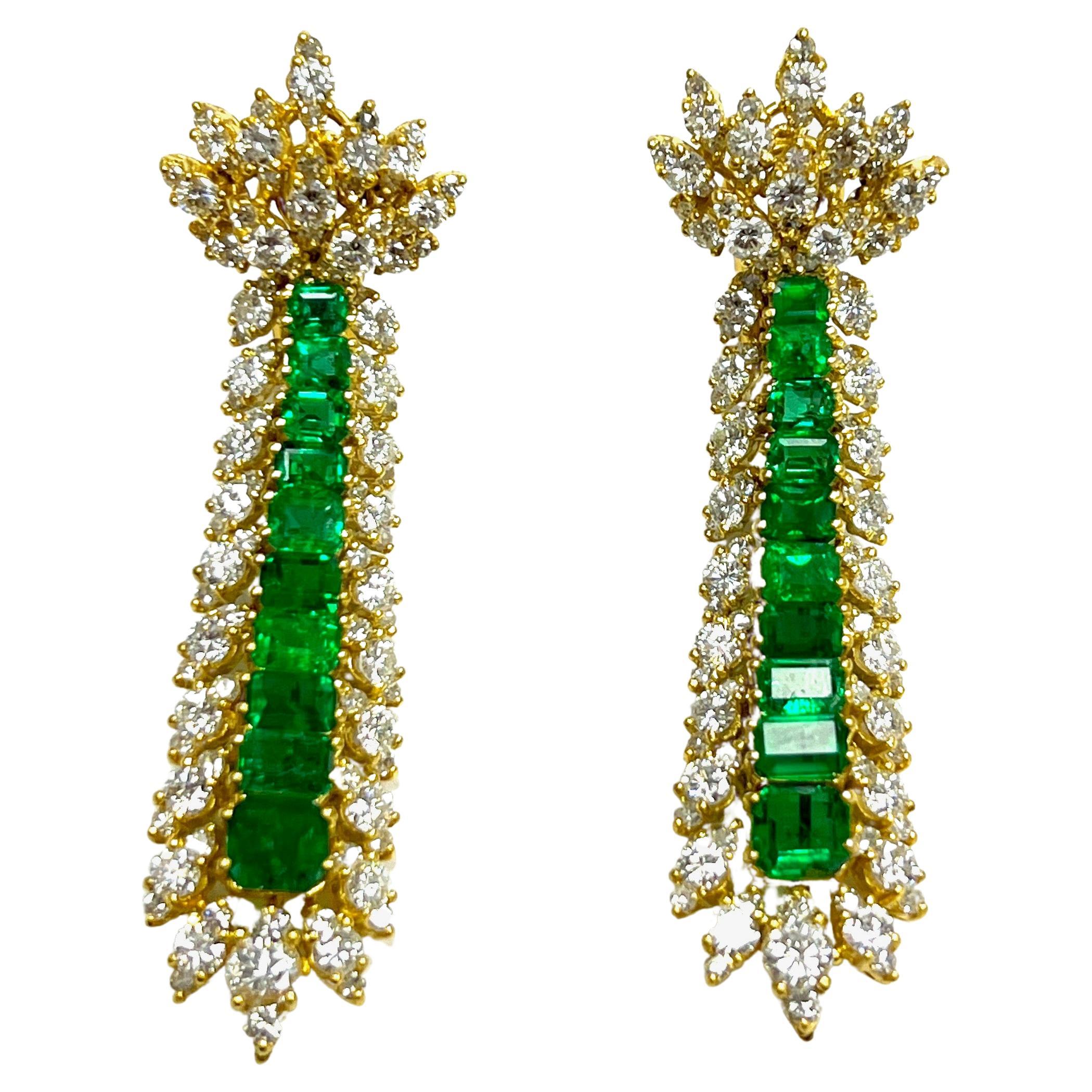 Emerald Diamond Drop Yellow Gold Earrings For Sale
