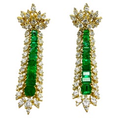 Retro Emerald Diamond Drop Yellow Gold Earrings