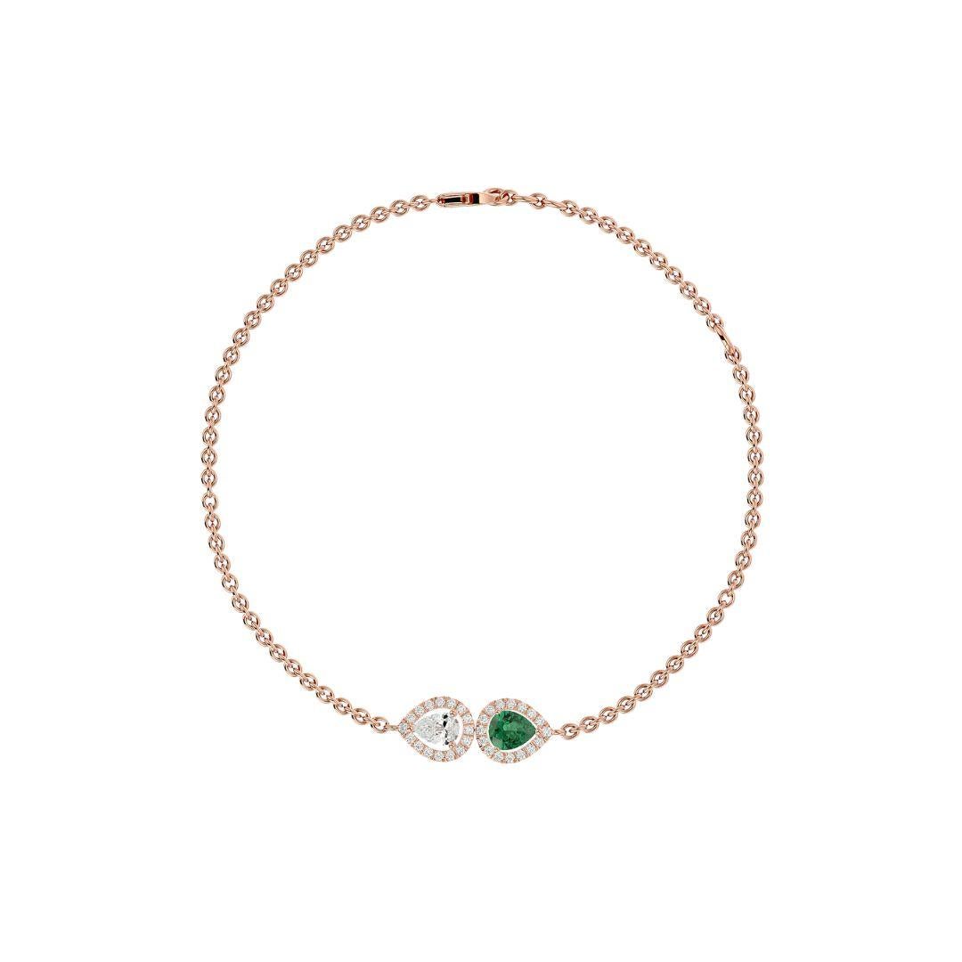 Elements
The highlights for this one-of-a-kind bracelet are the stunning pear shaped diamond and emerald. These are are surrounded with dazzling round diamonds set in gold. 

Innovation
The uniqueness of this design derives from the two pear shaped