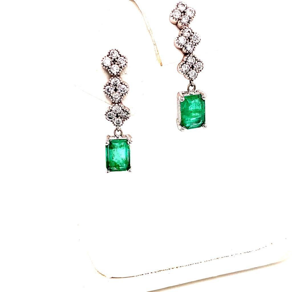 Women's Emerald Diamond Earring 14k White Gold 2.13 TCW Certified For Sale