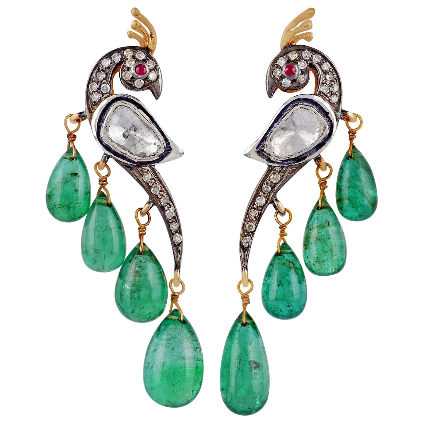 Boucles d'oreilles en diamants et émeraudes de style victorien