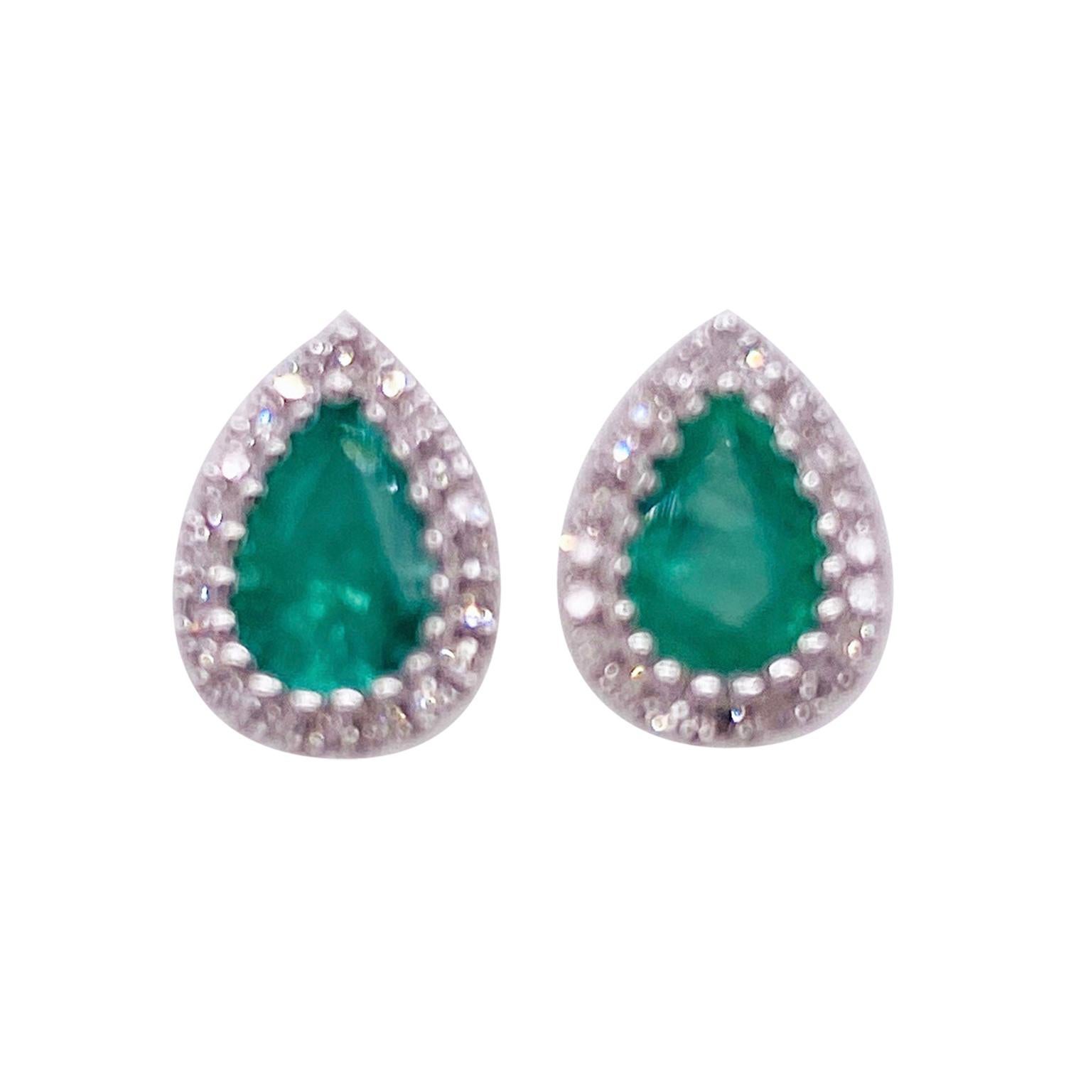 Emerald Diamond Earrings, 14 Karat Gold, .69 Emerald, .09 Diamond, Studs, Pear For Sale