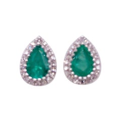 Emerald Diamond Earrings, 14 Karat Gold, .69 Emerald, .09 Diamond, Studs, Pear