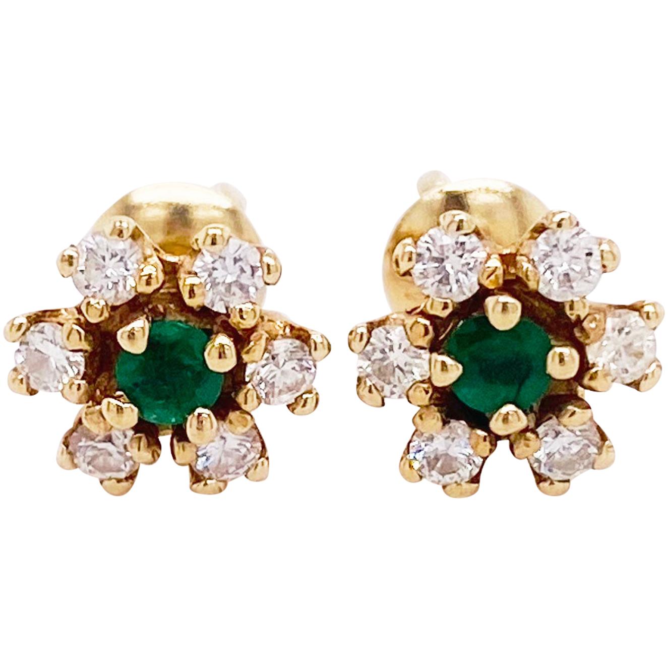 Emerald Diamond Earrings, Gold, .10ct Emerald, .24ct Diamond, Studs, Flower