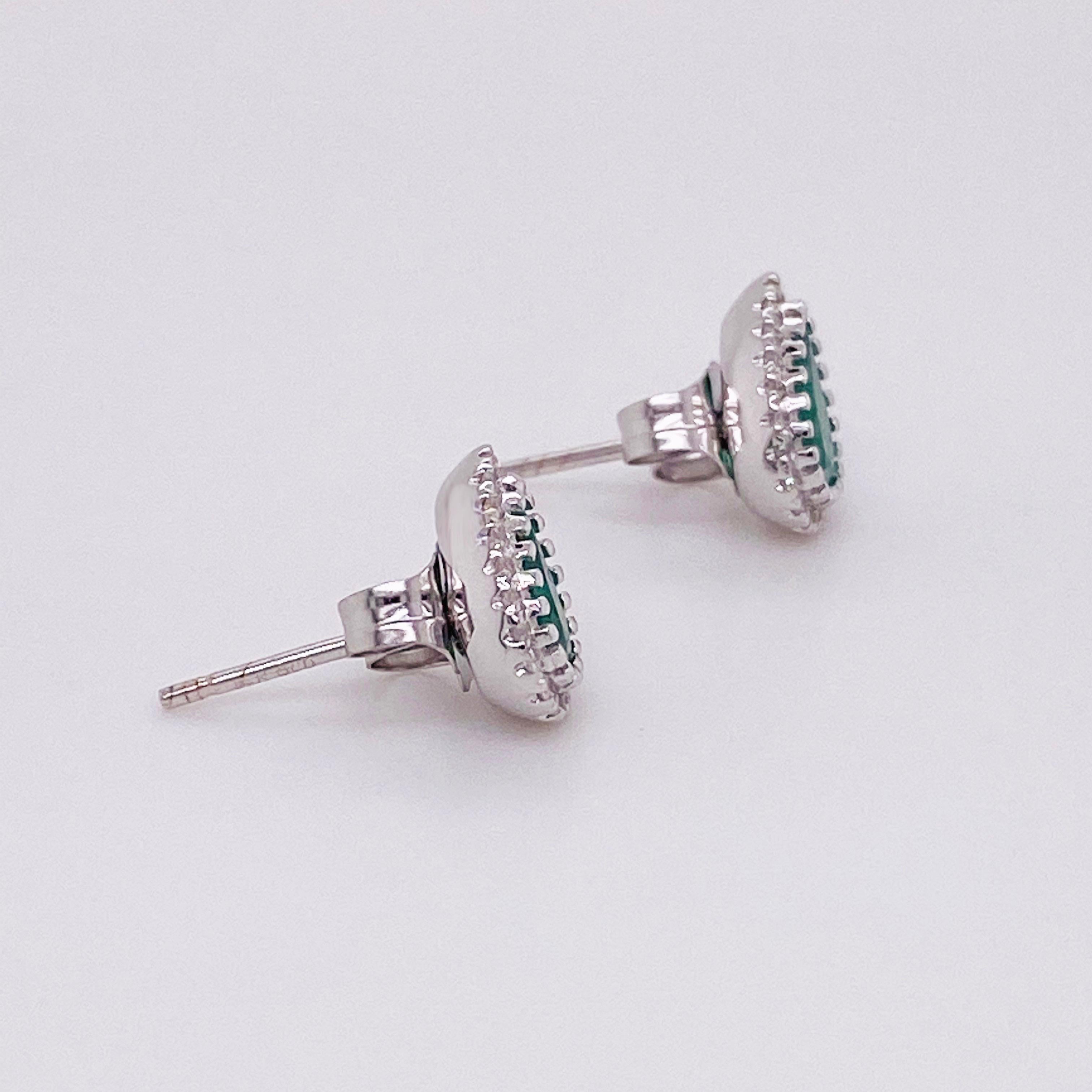Pear Cut Emerald Diamond Earrings, 14 Karat Gold, .69 Emerald, .09 Diamond, Studs, Pear For Sale