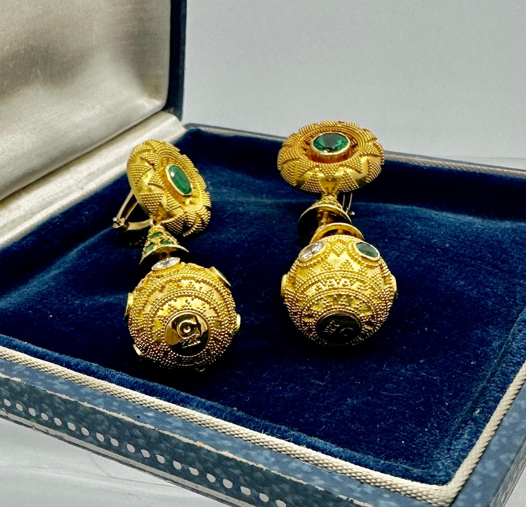 Emerald Diamond Earrings 22 Karat Gold 2 Inch Etruscan Dangle Drop Earrings For Sale 4