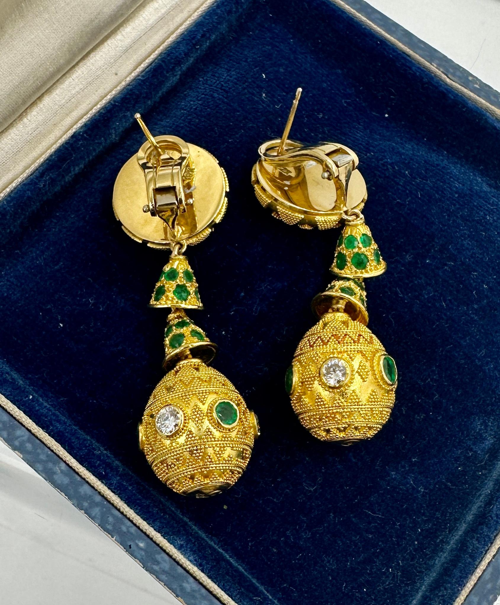 Emerald Diamond Earrings 22 Karat Gold 2 Inch Etruscan Dangle Drop Earrings For Sale 5