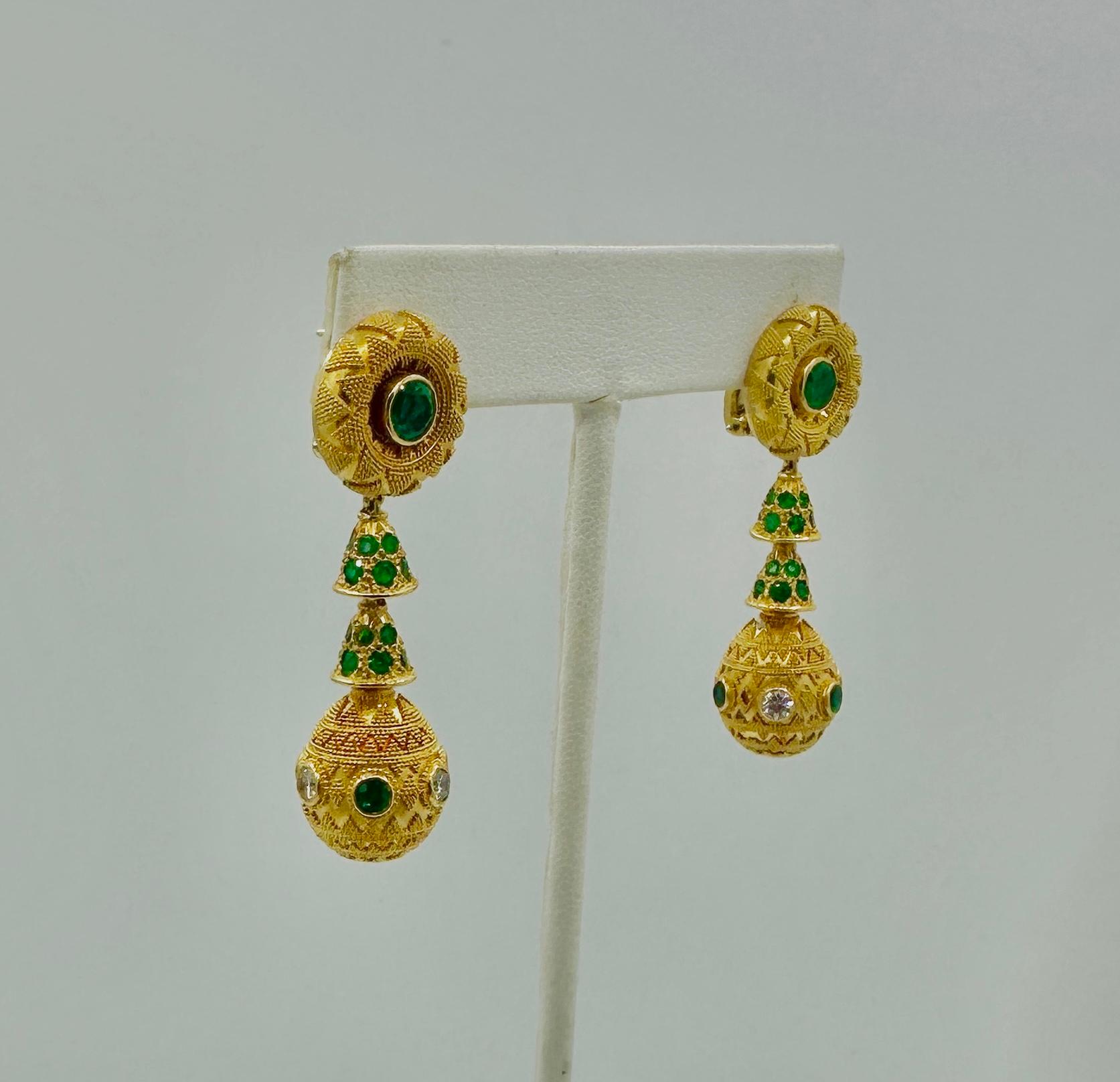 Etruscan Revival Emerald Diamond Earrings 22 Karat Gold 2 Inch Etruscan Dangle Drop Earrings For Sale