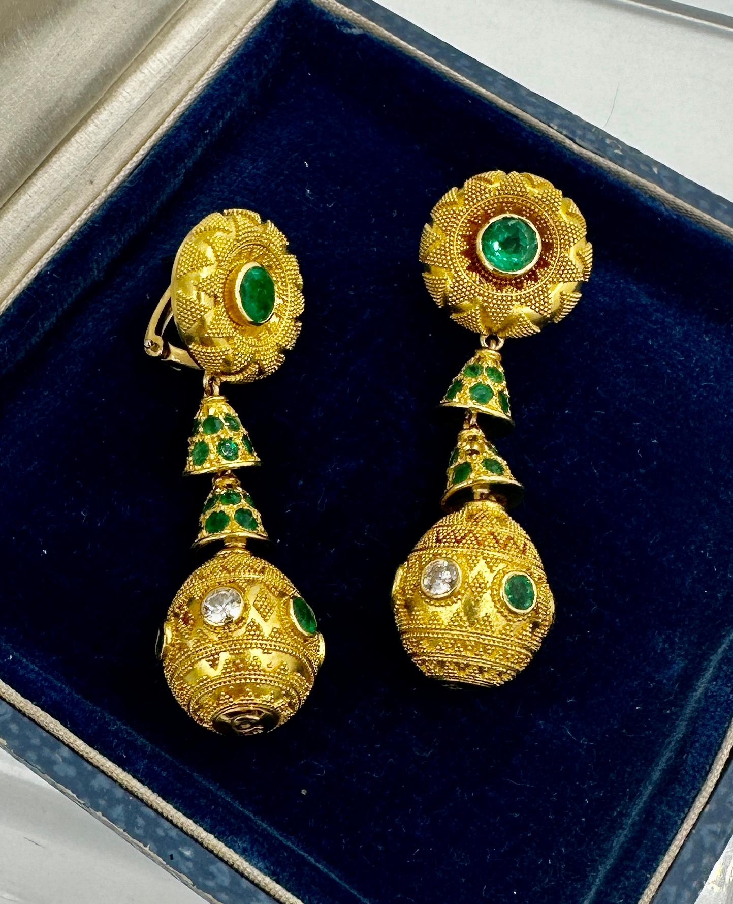Round Cut Emerald Diamond Earrings 22 Karat Gold 2 Inch Etruscan Dangle Drop Earrings For Sale