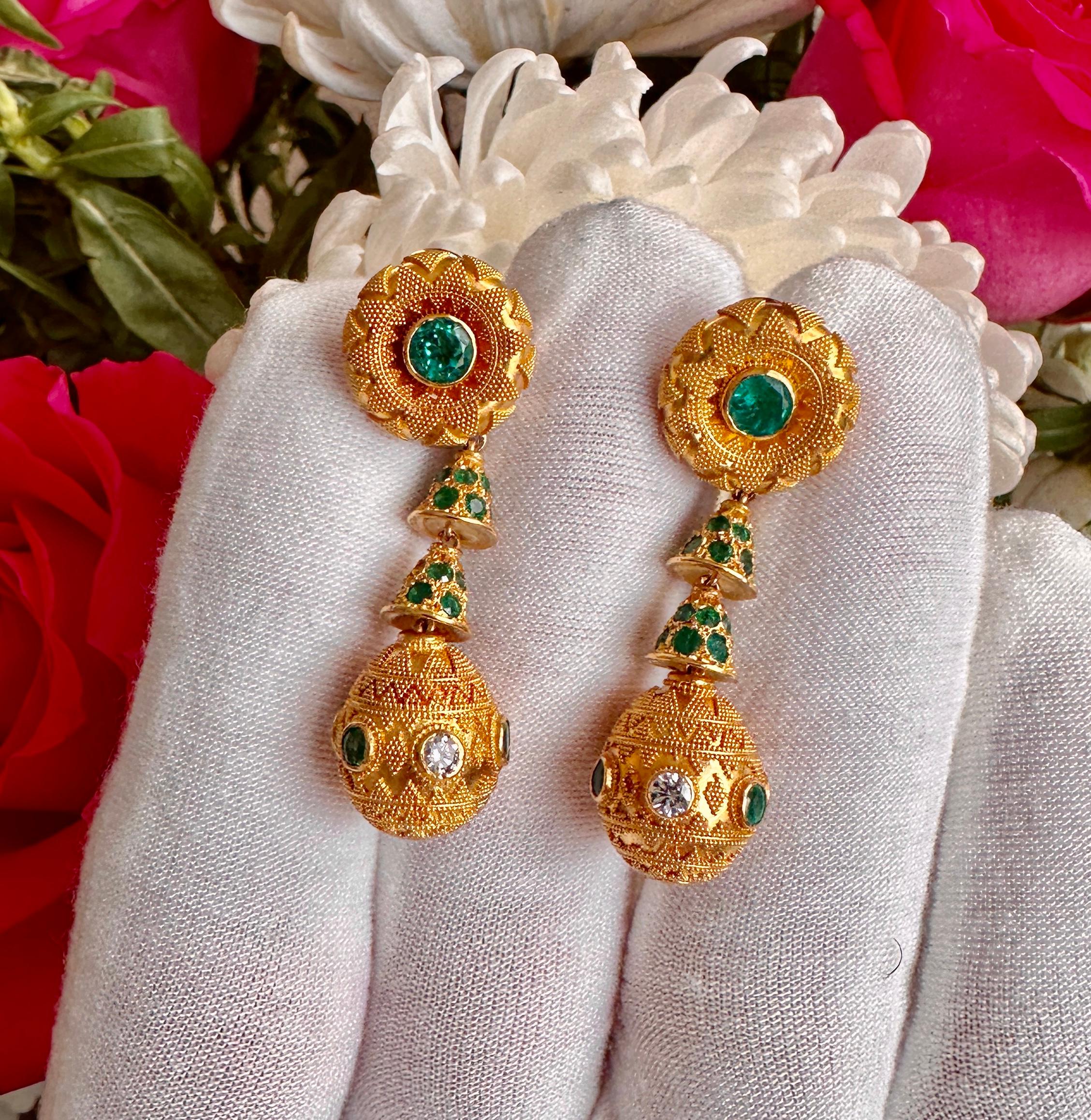 Women's Emerald Diamond Earrings 22 Karat Gold 2 Inch Etruscan Dangle Drop Earrings For Sale