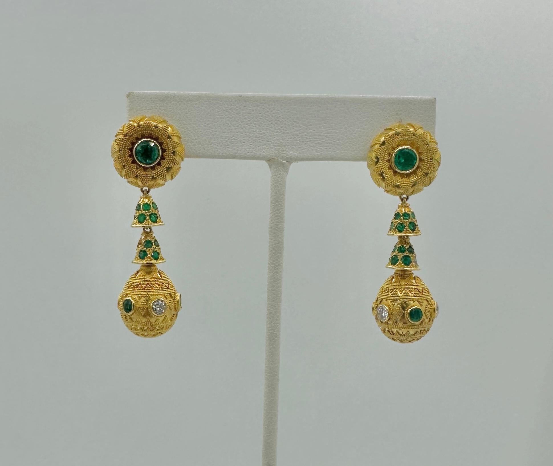 Emerald Diamond Earrings 22 Karat Gold 2 Inch Etruscan Dangle Drop Earrings For Sale 1