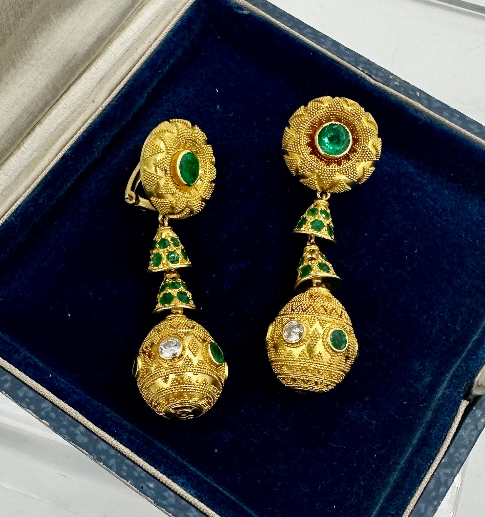 Emerald Diamond Earrings 22 Karat Gold 2 Inch Etruscan Dangle Drop Earrings For Sale 2