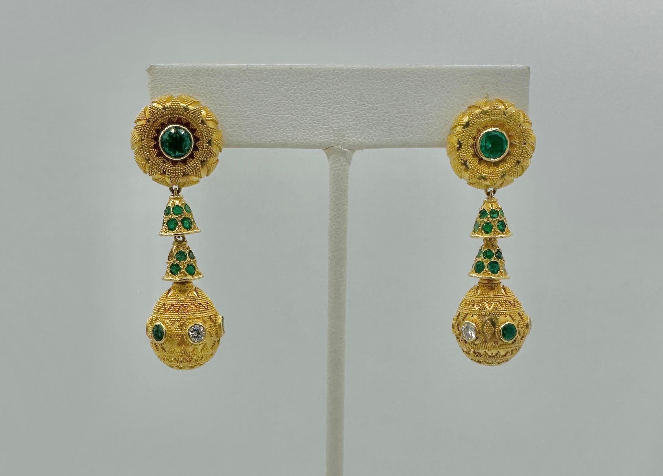 Emerald Diamond Earrings 22 Karat Gold 2 Inch Etruscan Dangle Drop Earrings For Sale 3