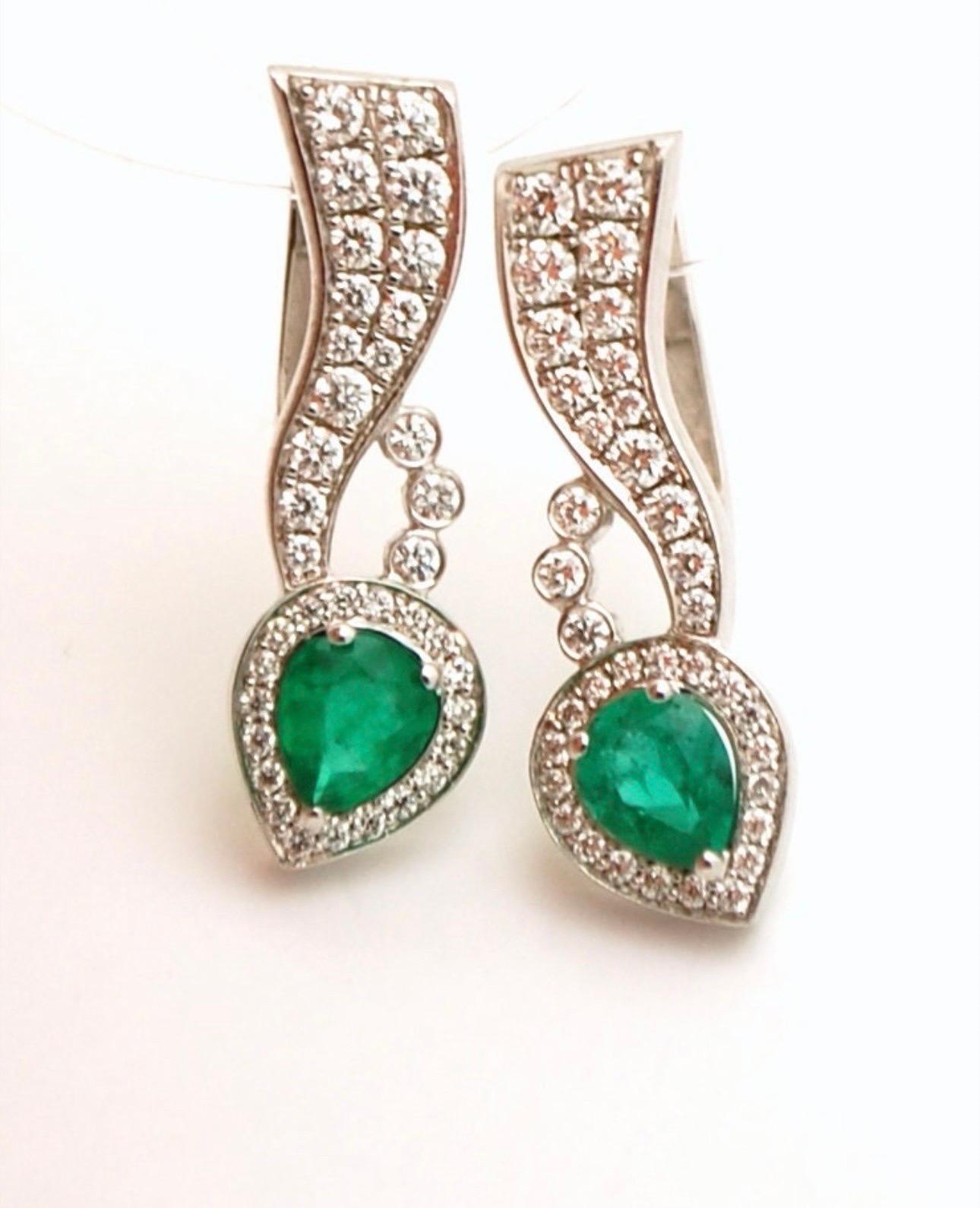 Pear Cut Emerald & Diamond earrings cocktail style earrings 18KT gold Long earrings For Sale