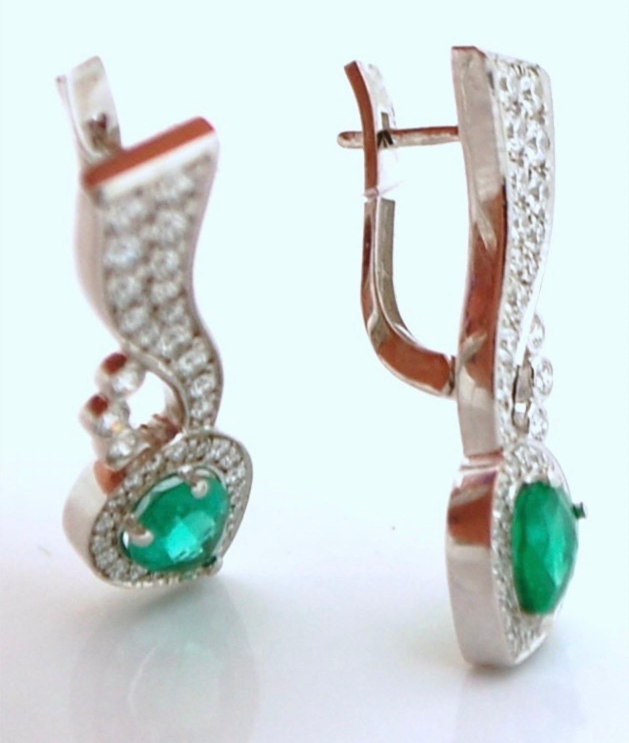 Women's or Men's Emerald & Diamond earrings cocktail style earrings 18KT gold Long earrings For Sale
