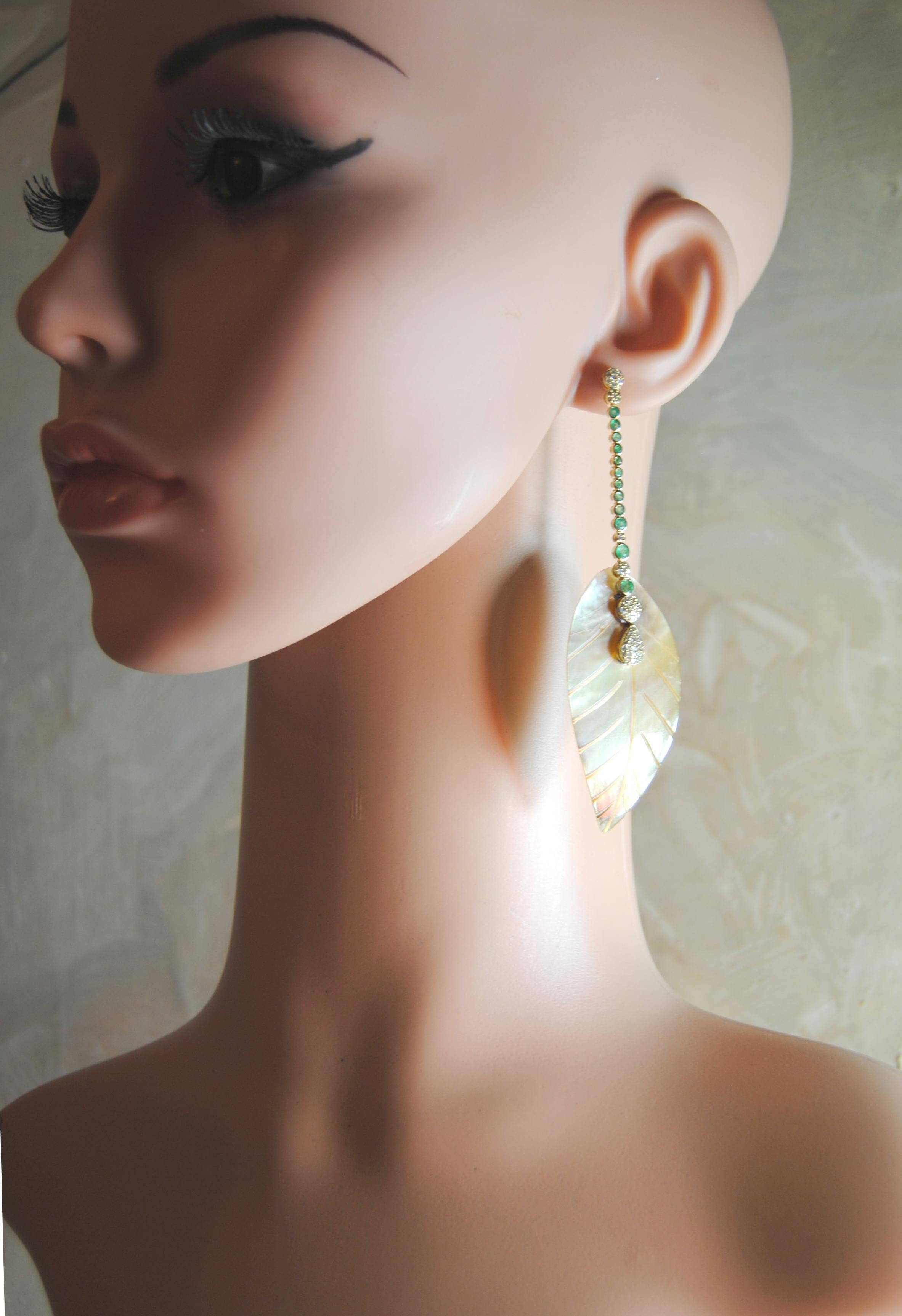 Emerald and Diamond Earrings in 18 Karat Gold and Silver Mother of Pearl Leafs 1