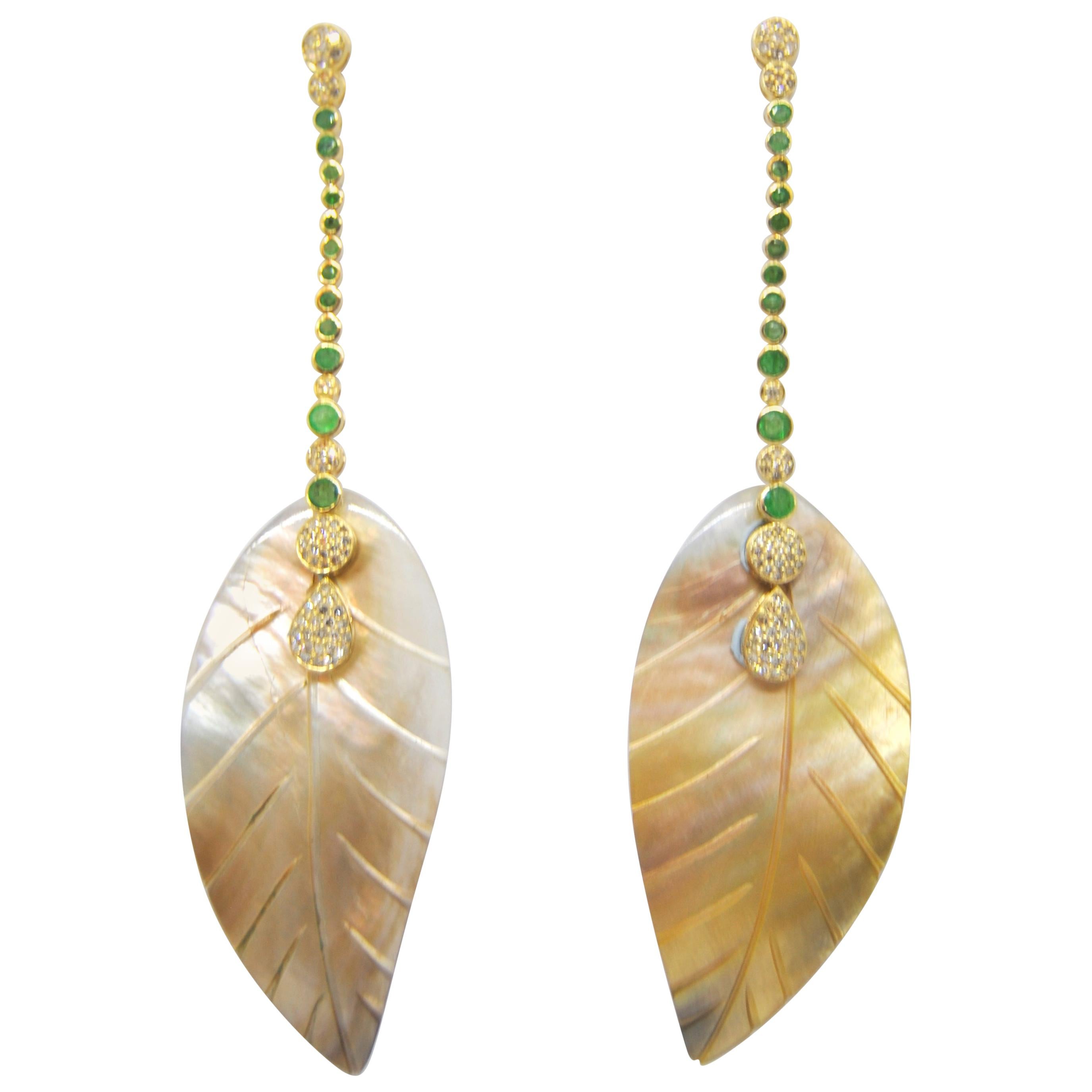 Emerald and Diamond Earrings in 18 Karat Gold and Silver Mother of Pearl Leafs