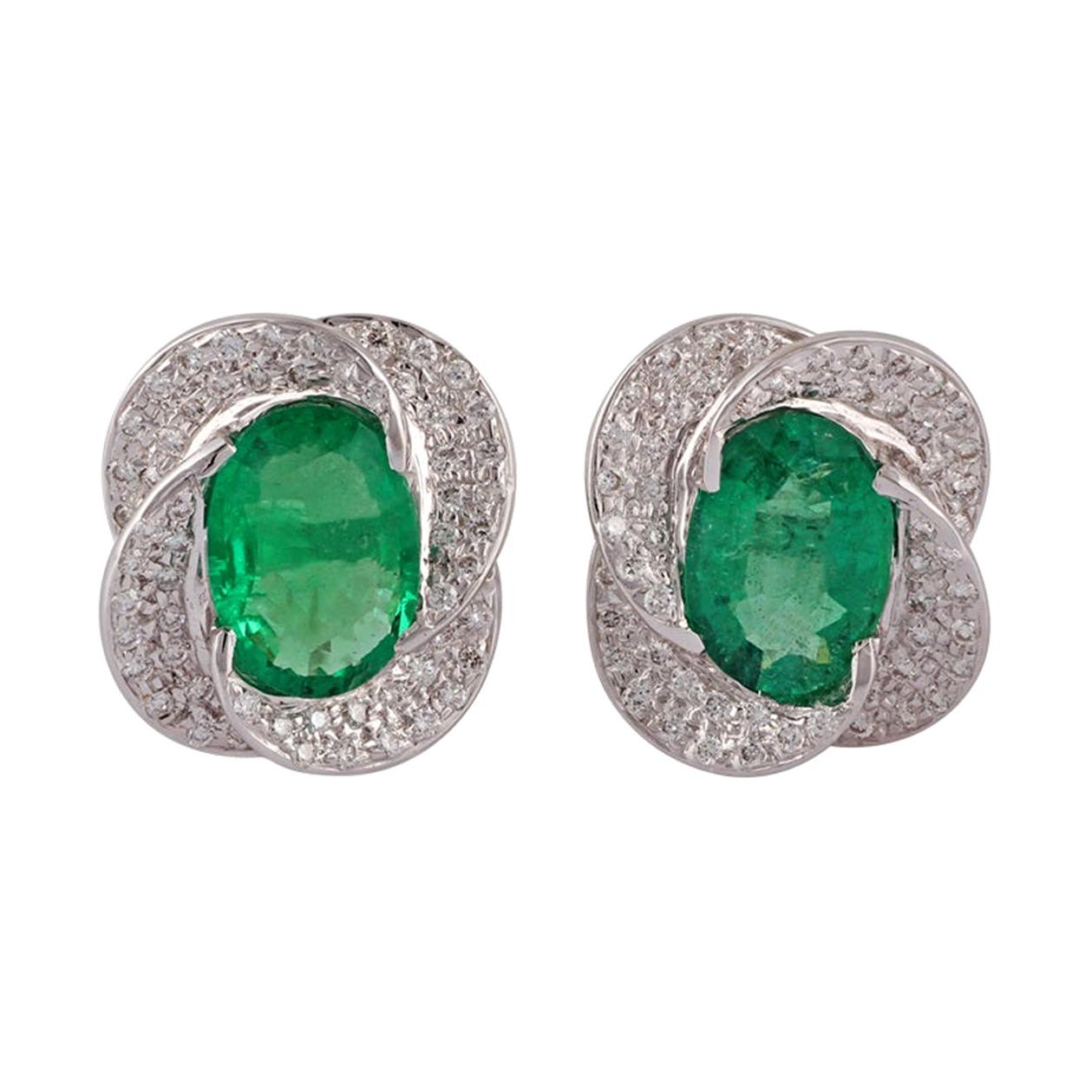 Emerald & Diamond Earrings Studded in 18K White Gold For Sale