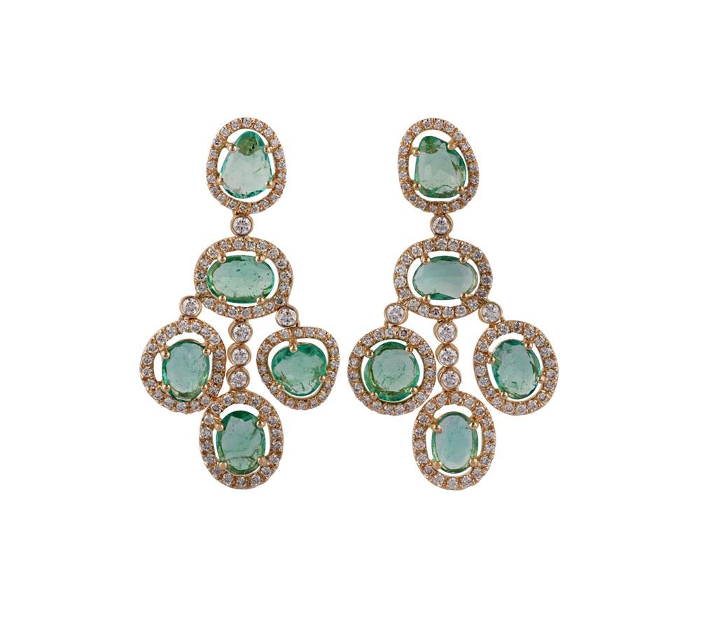 Rose Cut Emerald and Diamond Earrings Studded in 18 Karat Yellow Gold For Sale