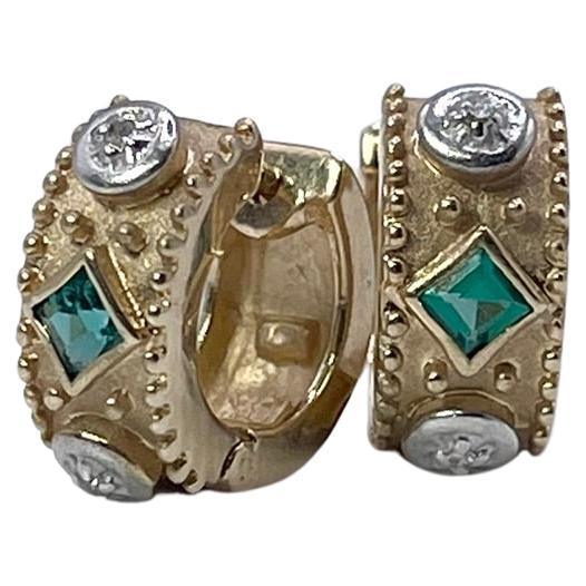 Emerald Diamond earrings Vintage Hoop earrings huggies style earrings 14KT gold