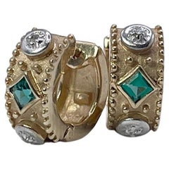 Emerald Diamond earrings Vintage Hoop earrings huggies style earrings 14KT gold