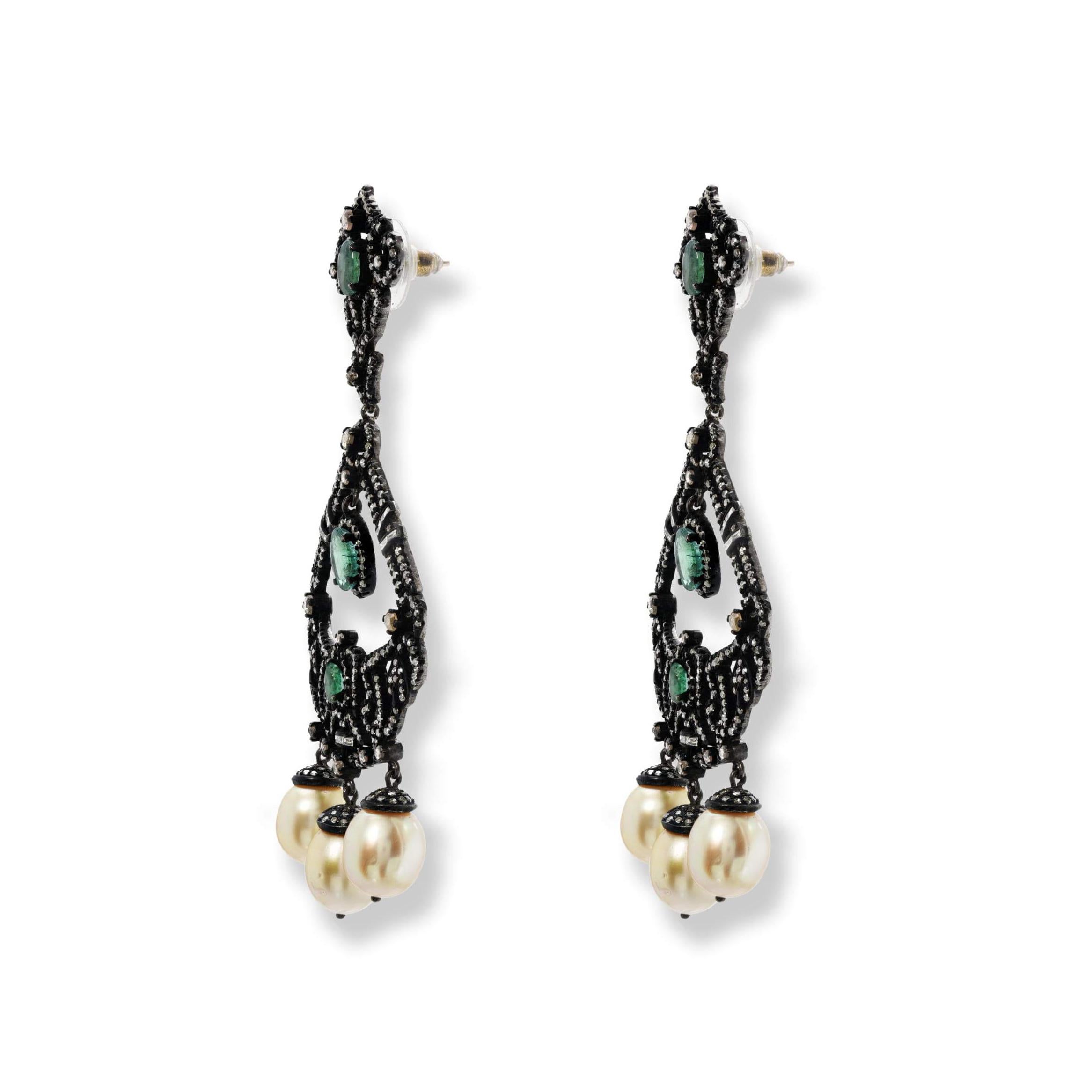 Emerald & Diamond Earrings with Pearl Drops Oxidized Silver & 14K gold. These earrings are crafted with meticulous attention to detail, blending classic and modern design for a timeless look. Their unique composition and durable construction make