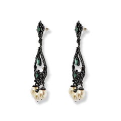 Emerald & Diamond Earrings with Pearl Drops