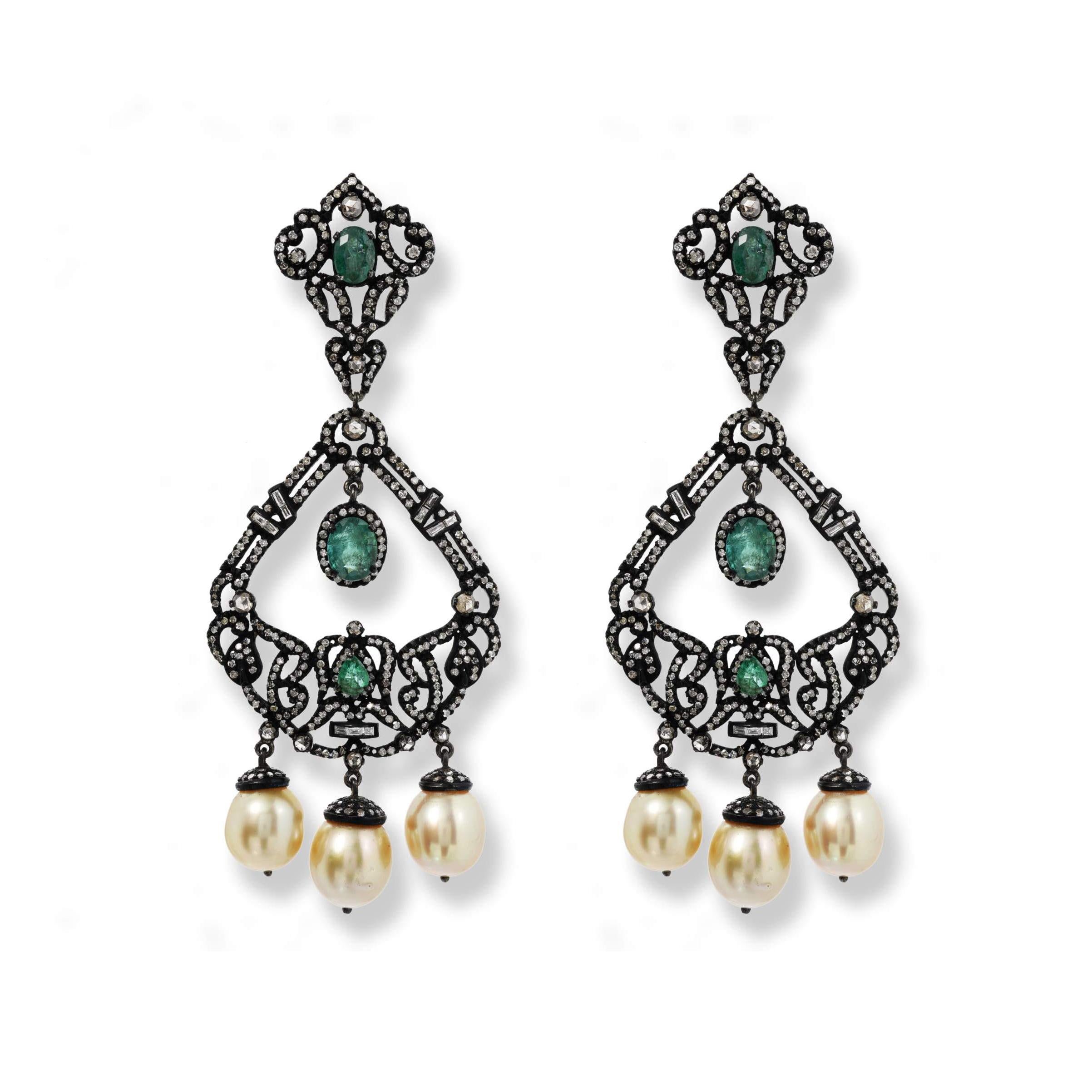 Emerald Cut Emerald & Diamond Earrings with Pearl Drops For Sale