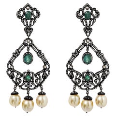 Emerald & Diamond Earrings with Pearl Drops