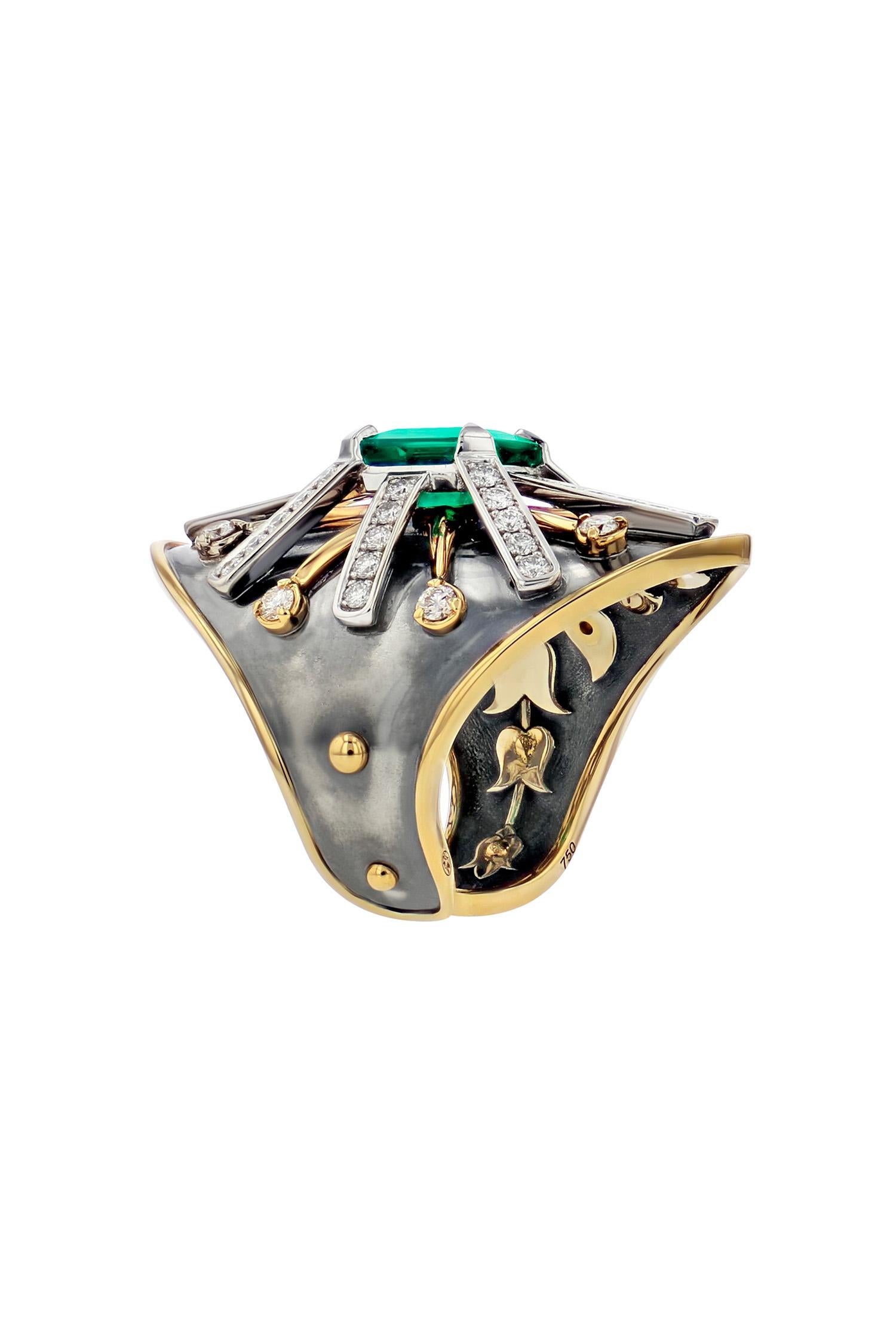 Neoclassical Emerald & Diamond Ecu Ring in 18k Gold by Elie Top For Sale