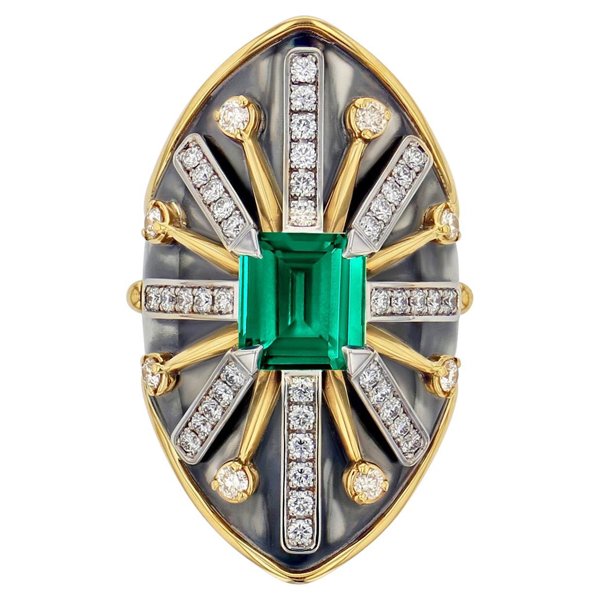 Ecu-Ring aus 18 Karat Gold mit Smaragd und Diamanten von Elie Top im Angebot