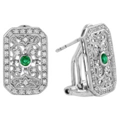 Emerald & Diamond Edwardian Inspired Vintage Style Filigree White Gold Earrings