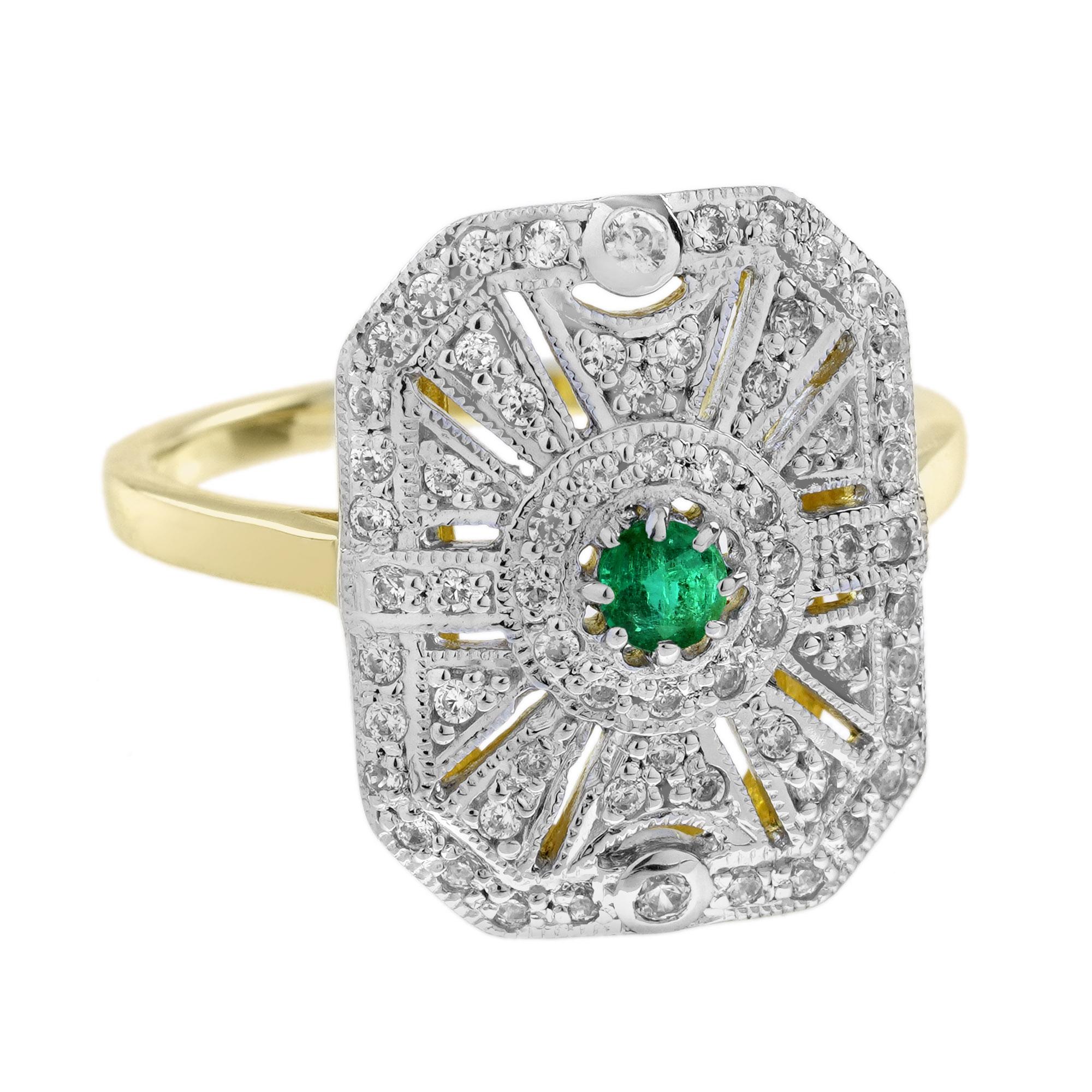 Art Deco Emerald Diamond Edwardian Style Target Engagement Ring in 14K Two Tone Gold For Sale