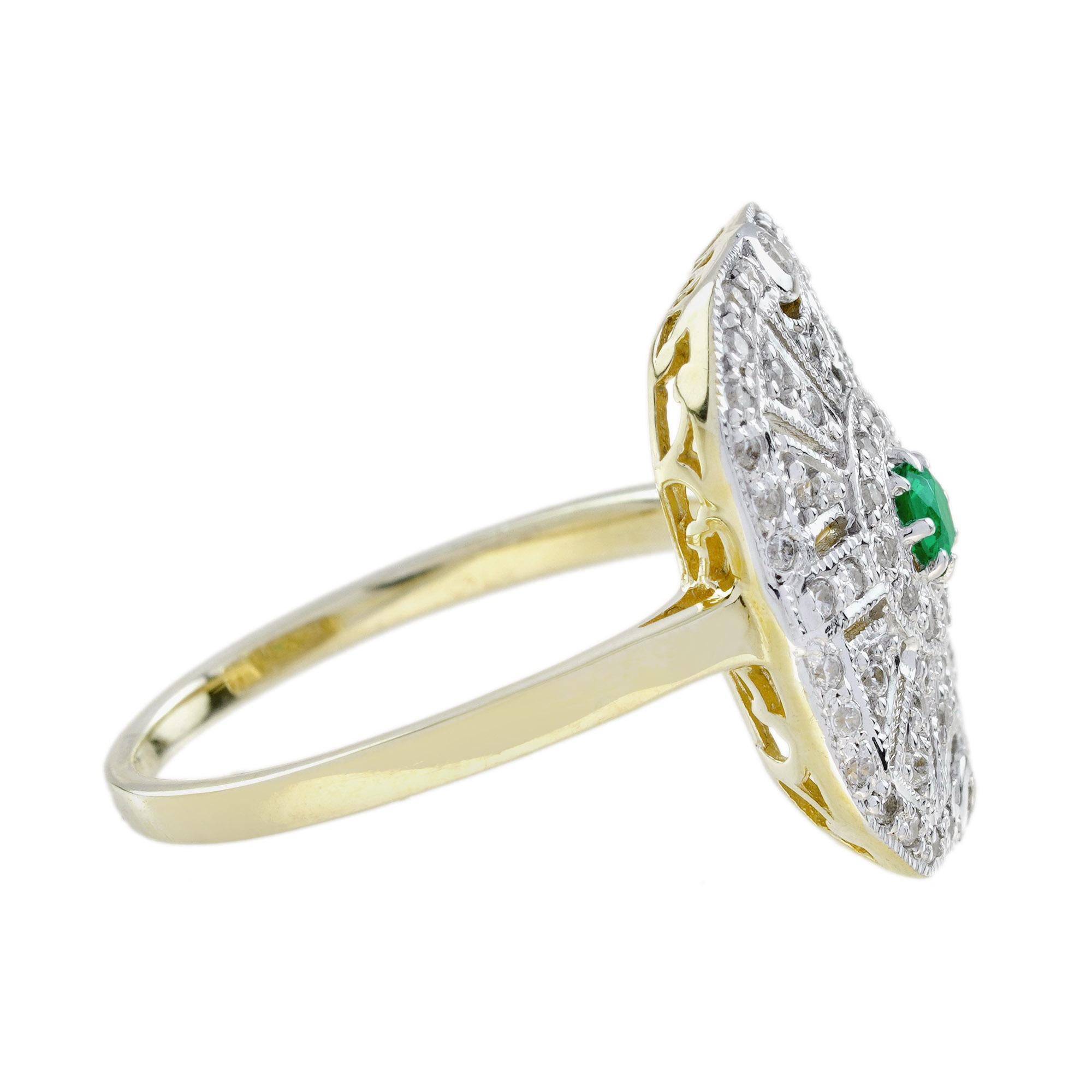 Round Cut Emerald Diamond Edwardian Style Target Engagement Ring in 14K Two Tone Gold For Sale