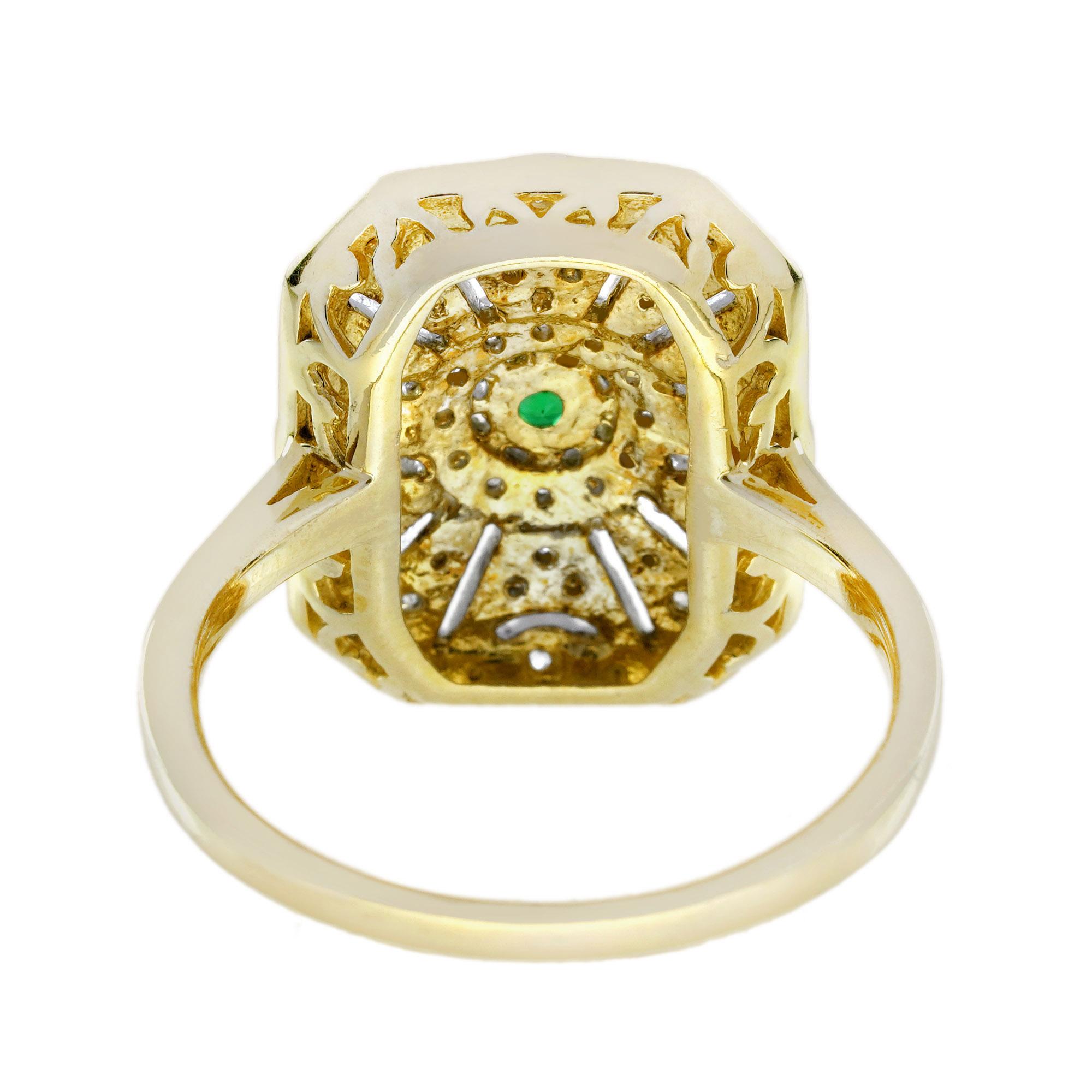 Emerald Diamond Edwardian Style Target Engagement Ring in 14K Two Tone Gold In New Condition For Sale In Bangkok, TH