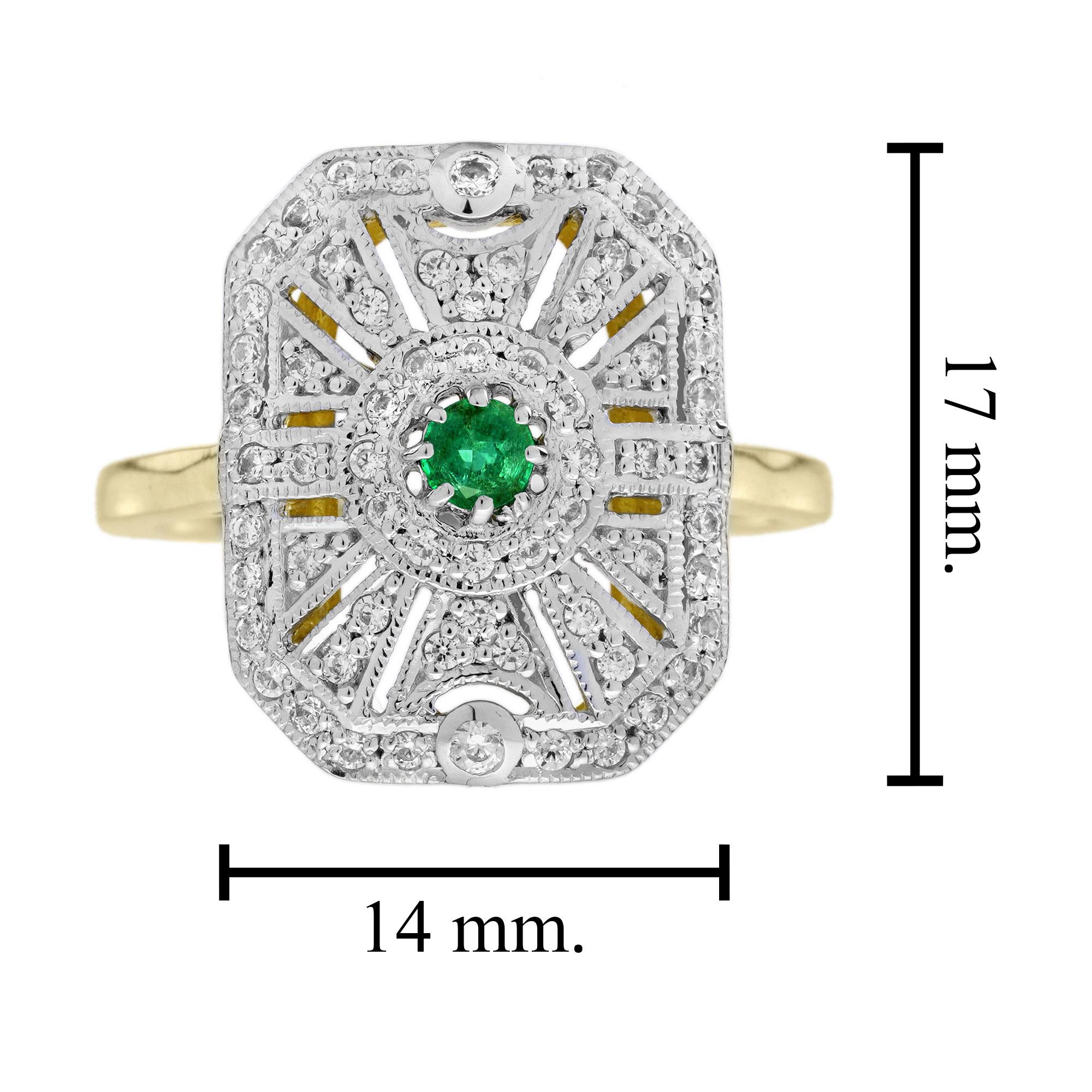 Emerald Diamond Edwardian Style Target Engagement Ring in 14K Two Tone Gold For Sale 1