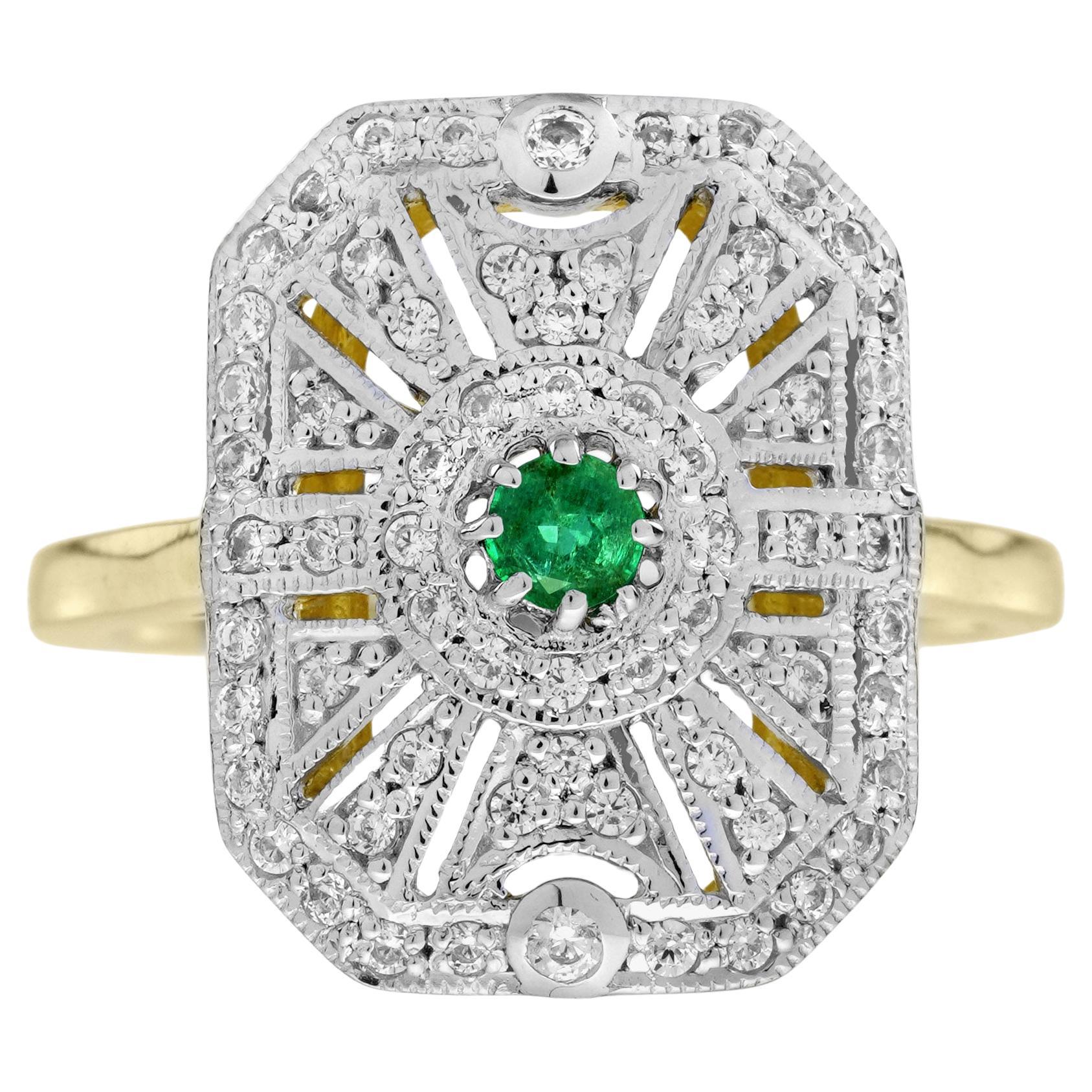 Emerald Diamond Edwardian Style Target Engagement Ring in 14K Two Tone Gold For Sale