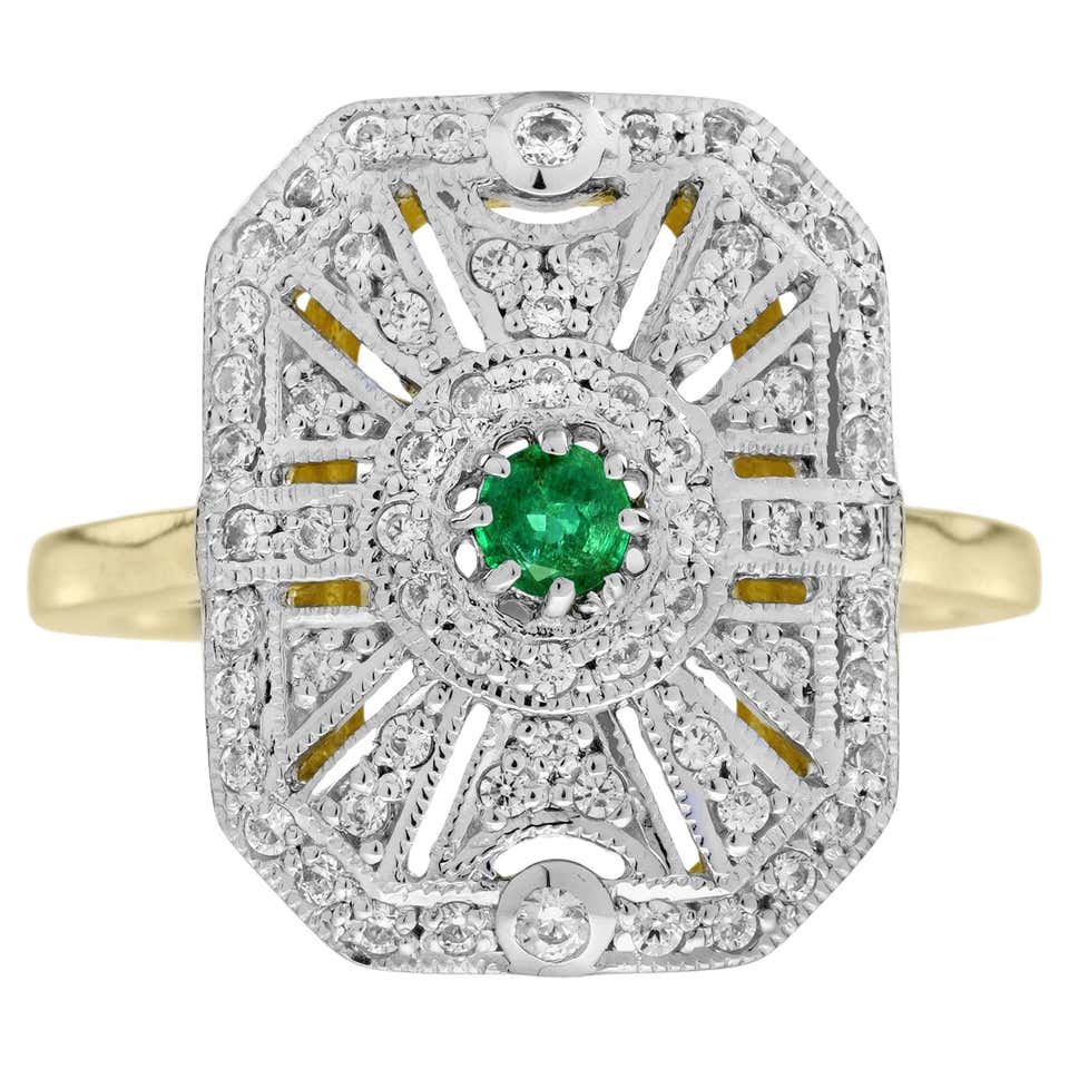 Opal Diamond Emerald Art Deco Style Target Engagement Ring in 14K White ...