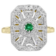 Emerald Diamond Edwardian Style Target Engagement Ring in 14K Two Tone Gold
