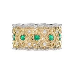 Emerald & Diamond Edwardian Style Wide Band Two Tone Gold Ring