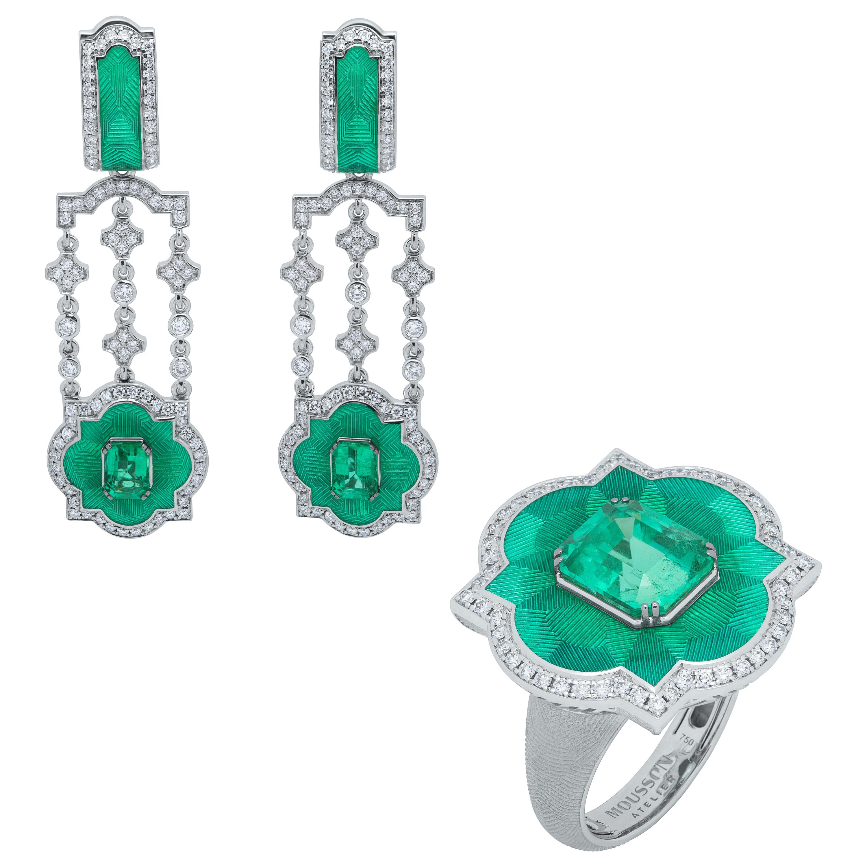 Emerald Diamond Enamel 18 Karat White Gold Suite For Sale