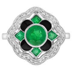 Smaragd-Diamant-Emaille-Ring im antiken Stil mit floralem Halo aus 18K Weißgold
