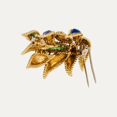 Mid-20th Century 18kt Gold Emerald Diamond Enamel Leaf Brooch