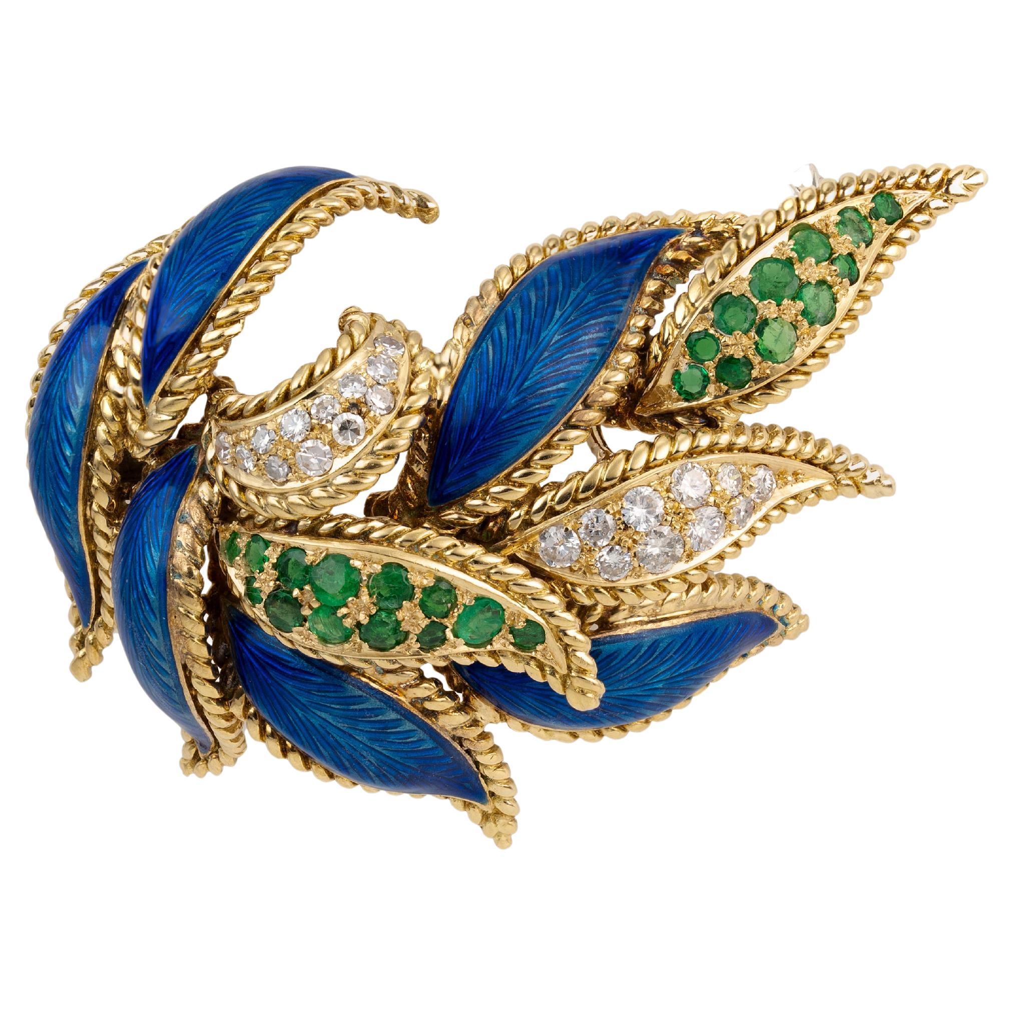 Emerald Diamond Enamel Gold Brooch