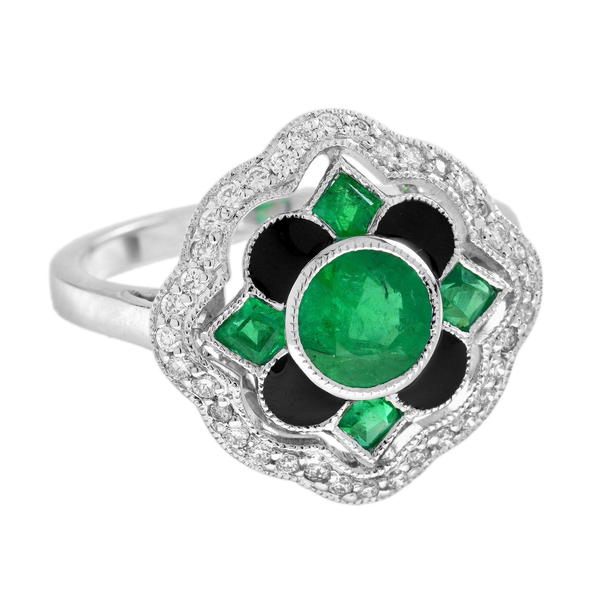The Emerald Diamond Enamel Vintage-Style Floral Halo Ring in 18K White Gold is a masterpiece of elegance and individuality. A vivid green emerald takes center stage, encircled by four enamels and additional four emeralds in a delicate floral halo.